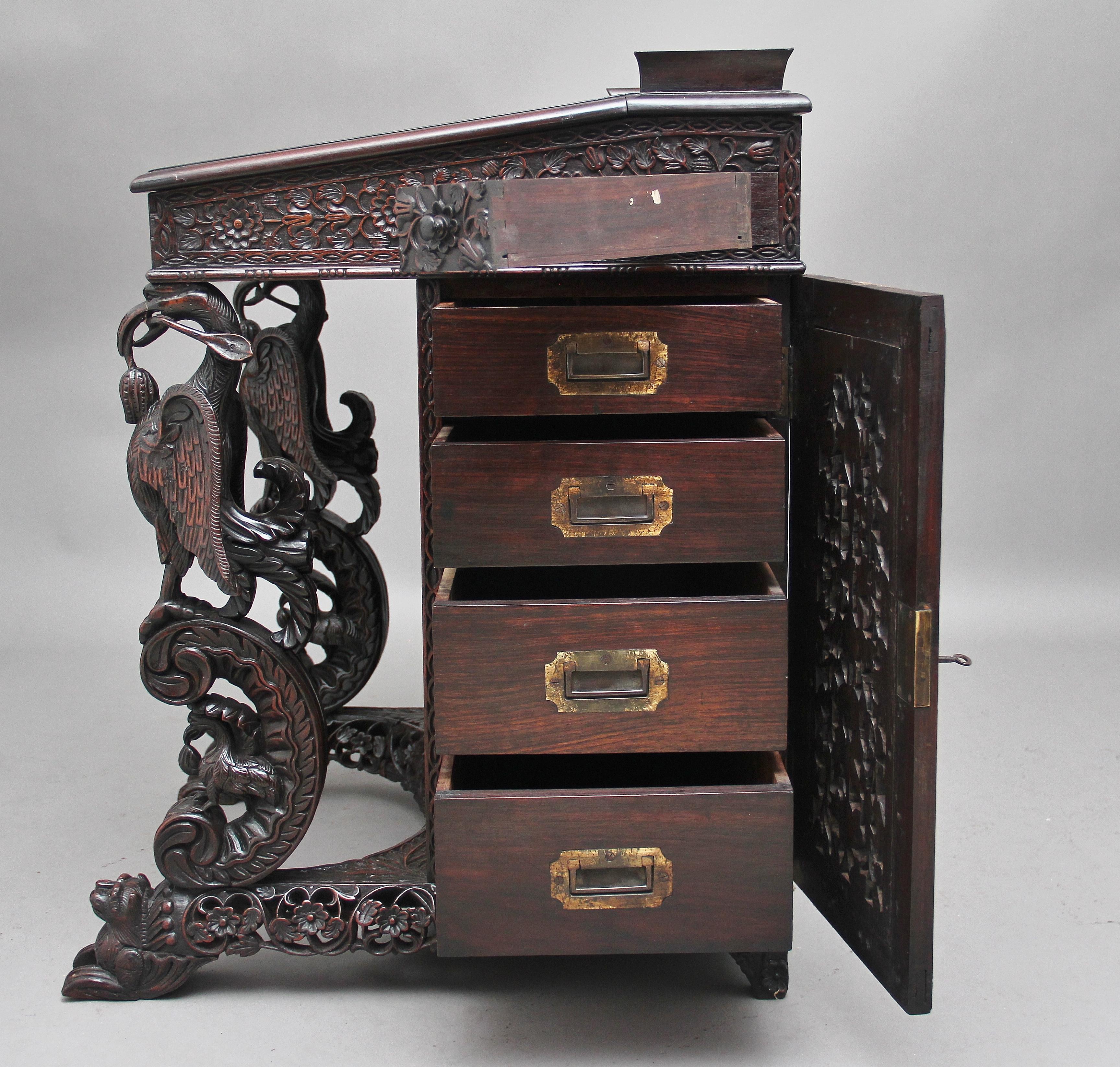 19th Century Anglo-Indian carved davenport with carved griffin supports 11