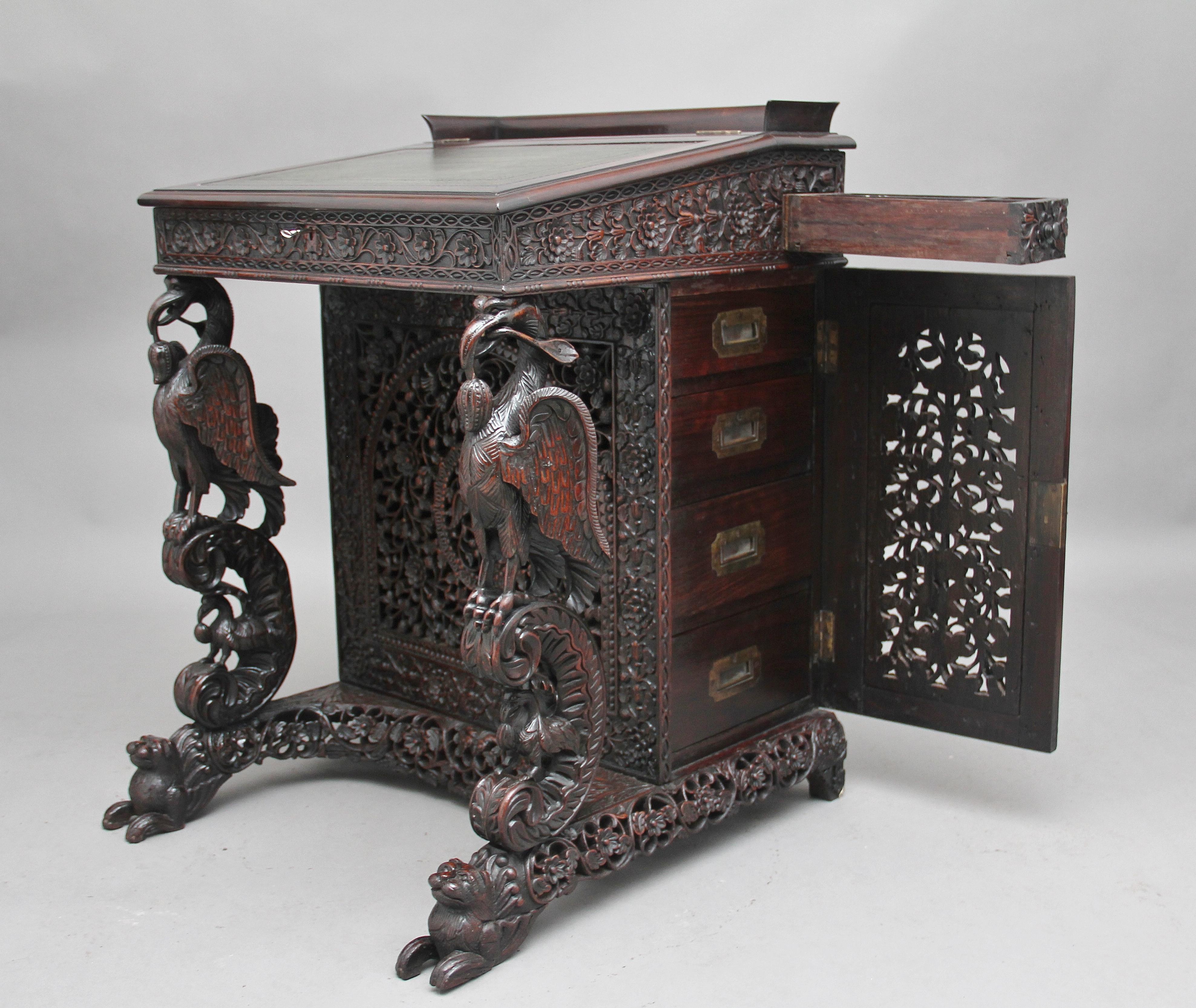 19th Century Anglo-Indian carved davenport with carved griffin supports 1