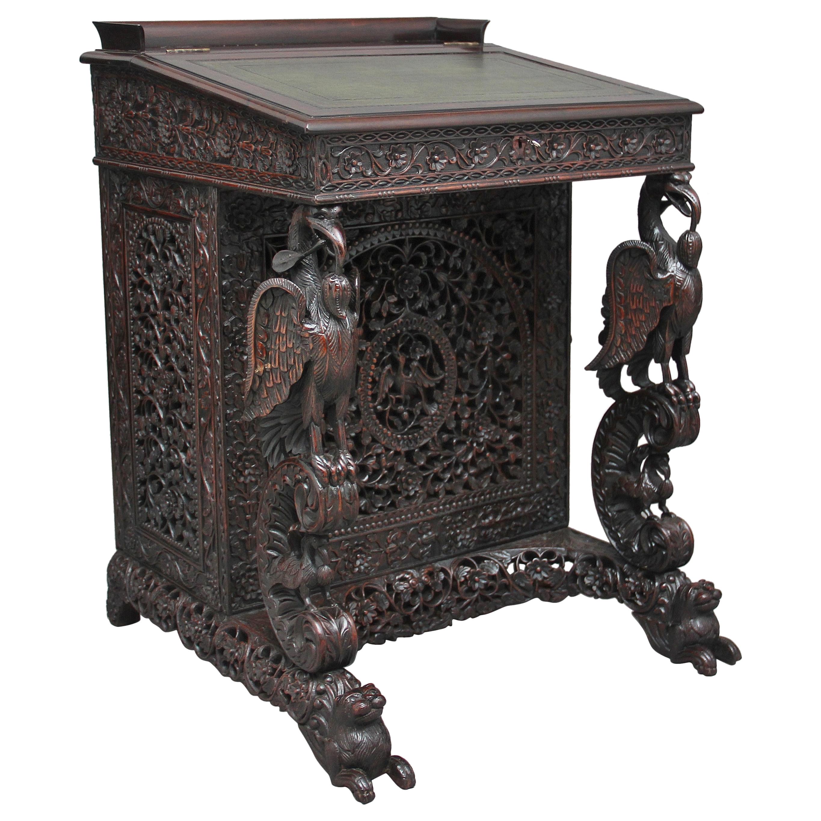 19th Century Anglo-Indian carved davenport with carved griffin supports