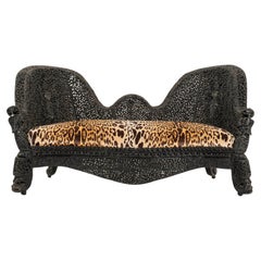 19th Century Anglo-Indian Carved Ebony Leopard Velvet Settee