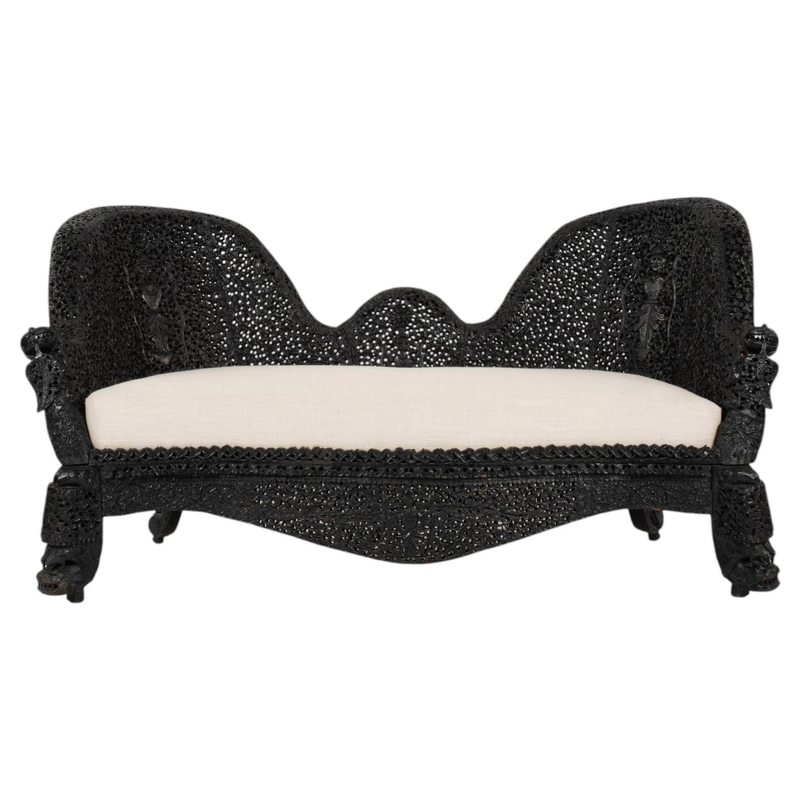 19th Century Anglo-Indian Carved Ebony Settee