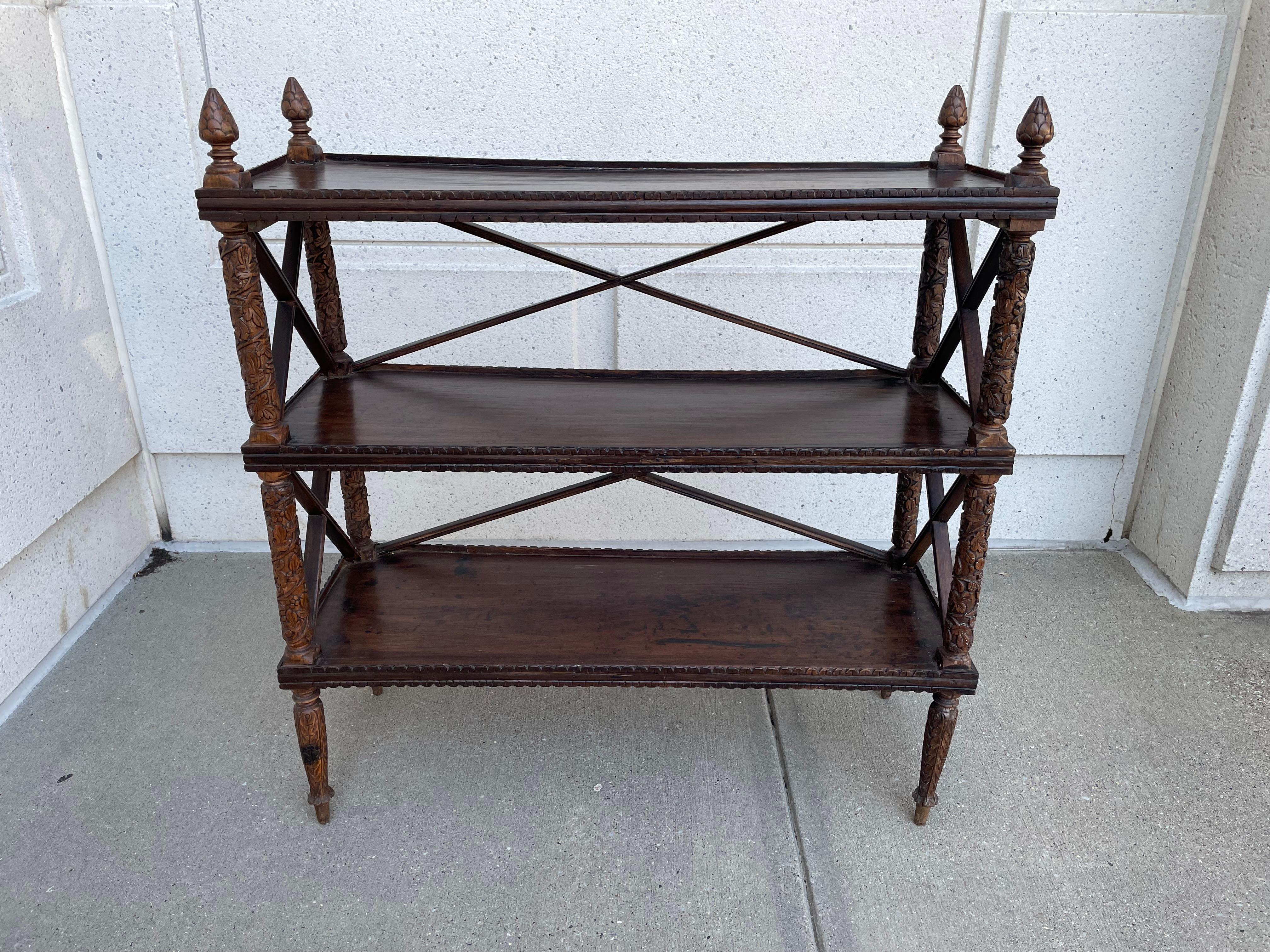 19th Century Anglo Indian Carved Hard Wood Three Tiered Shelf For Sale 7