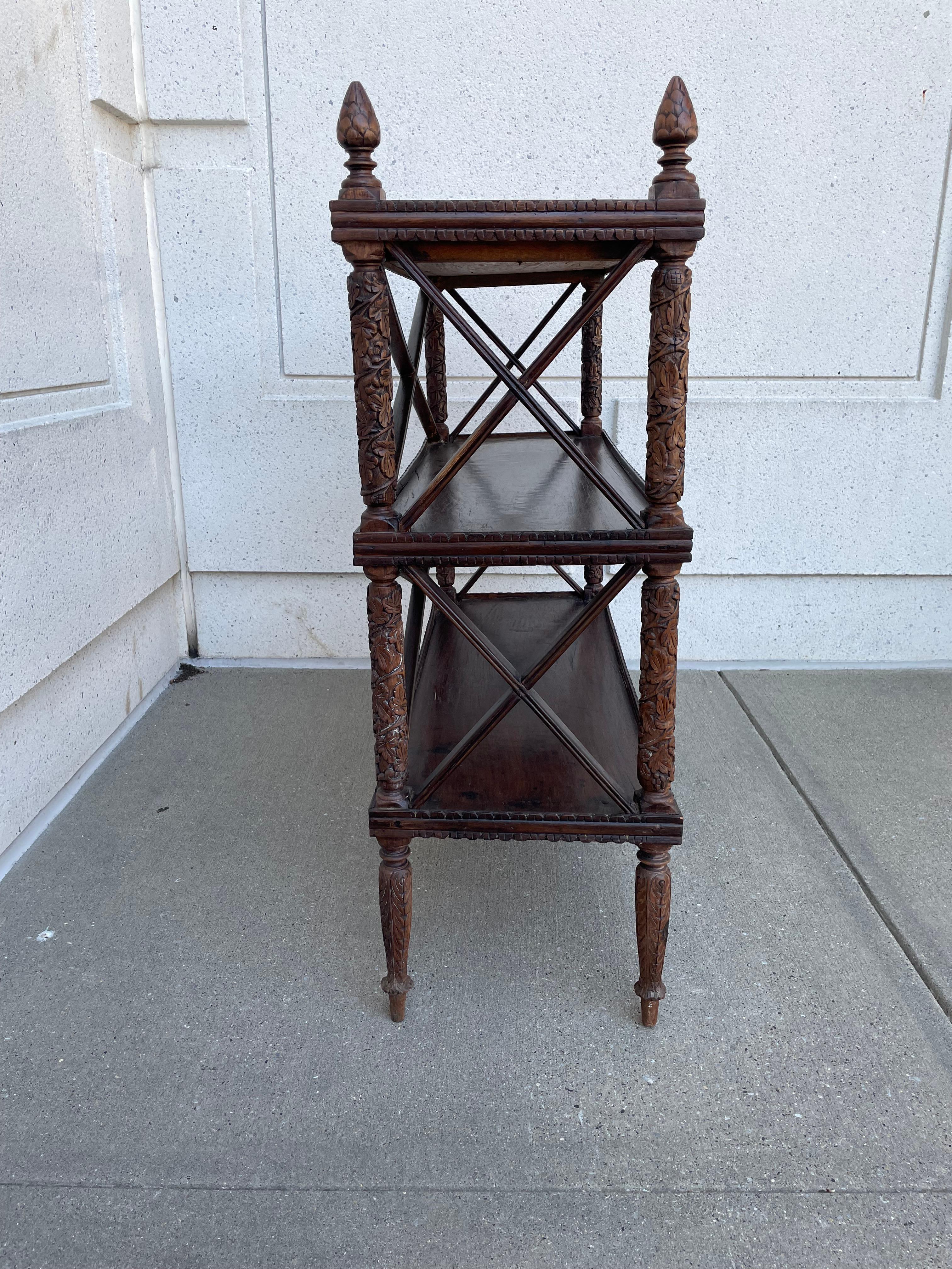 19th Century Anglo Indian Carved Hard Wood Three Tiered Shelf For Sale 12