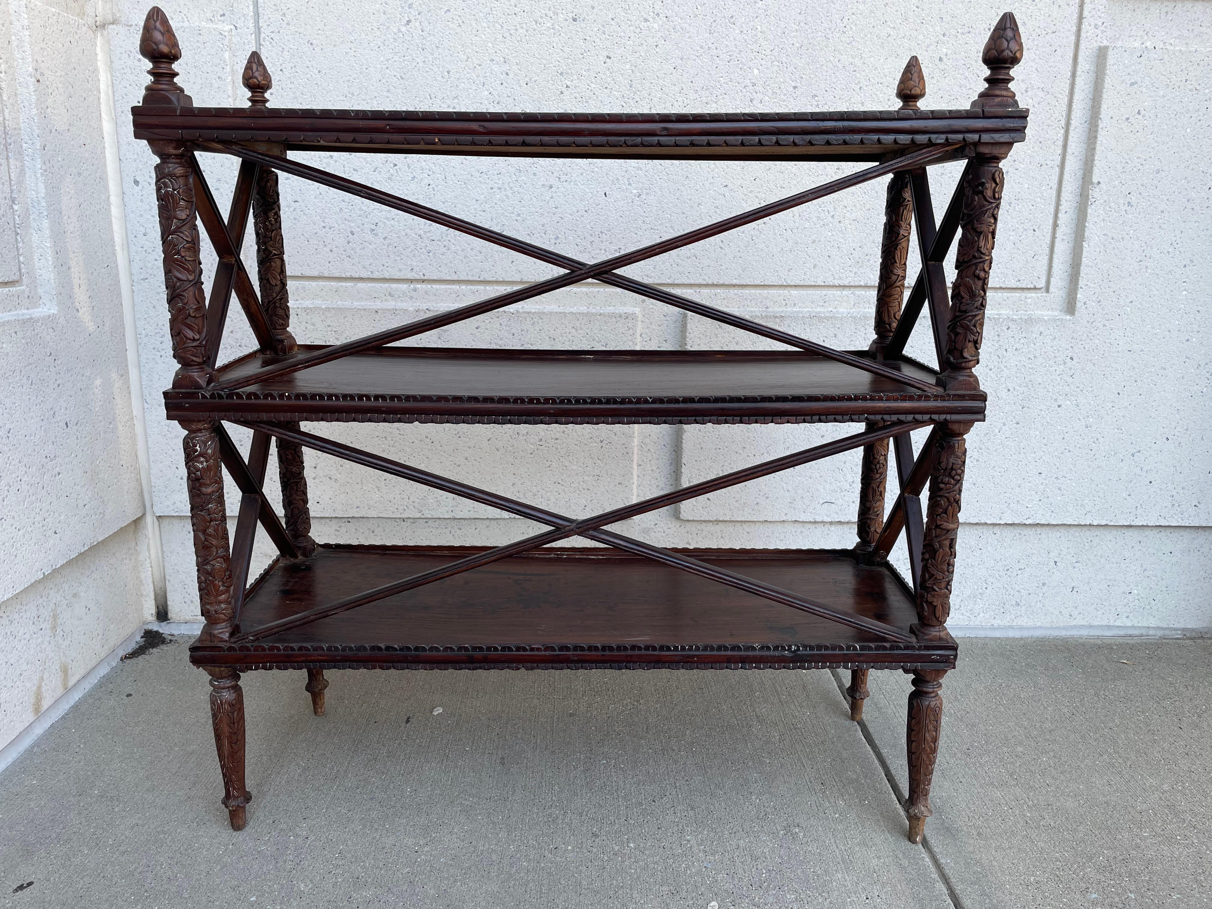 19th Century Anglo Indian Carved Hard Wood Three Tiered Shelf For Sale 13