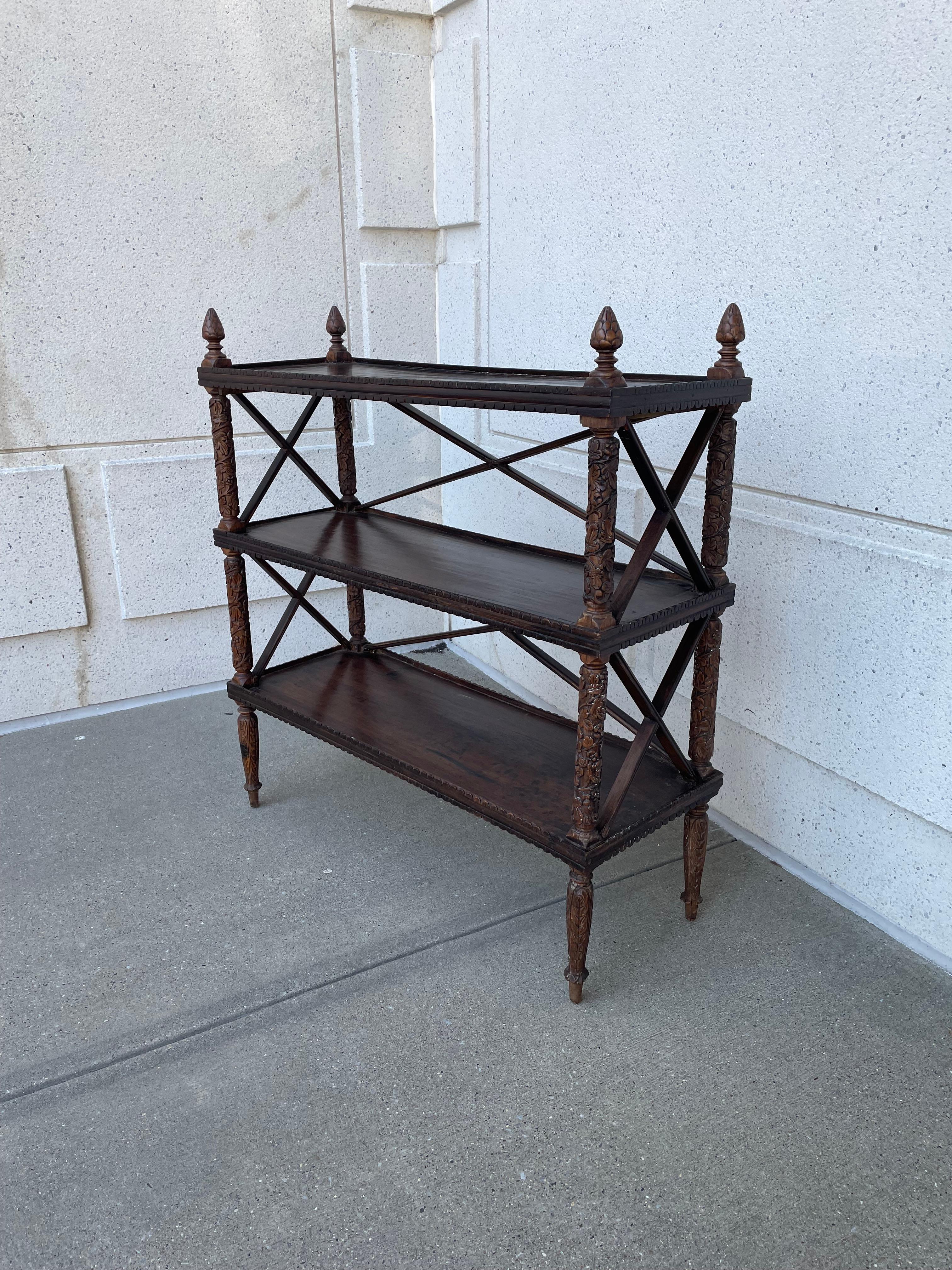 Anglo-Indian 19th Century Anglo Indian Carved Hard Wood Three Tiered Shelf For Sale