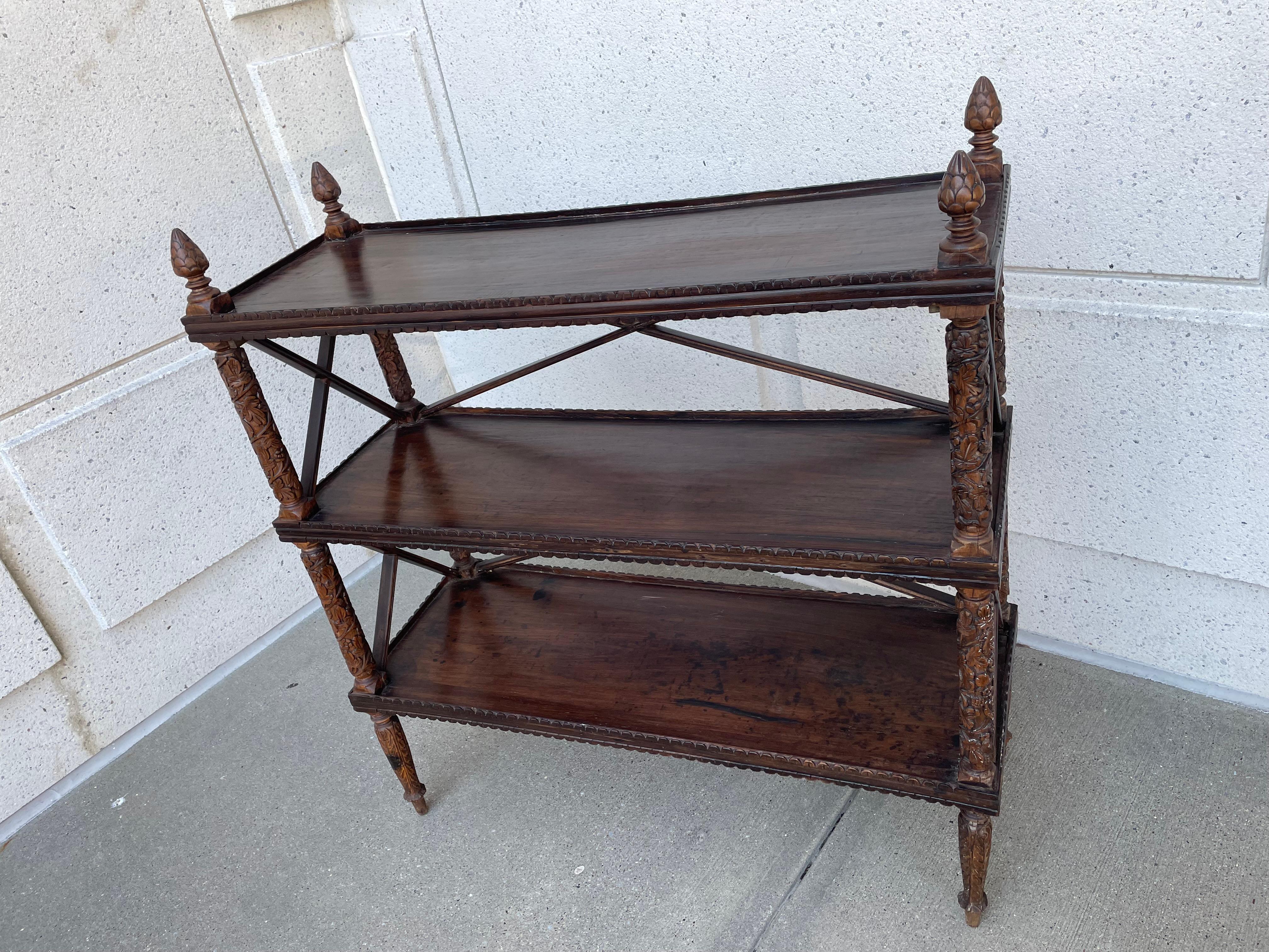 19th Century Anglo Indian Carved Hard Wood Three Tiered Shelf In Good Condition For Sale In Stamford, CT