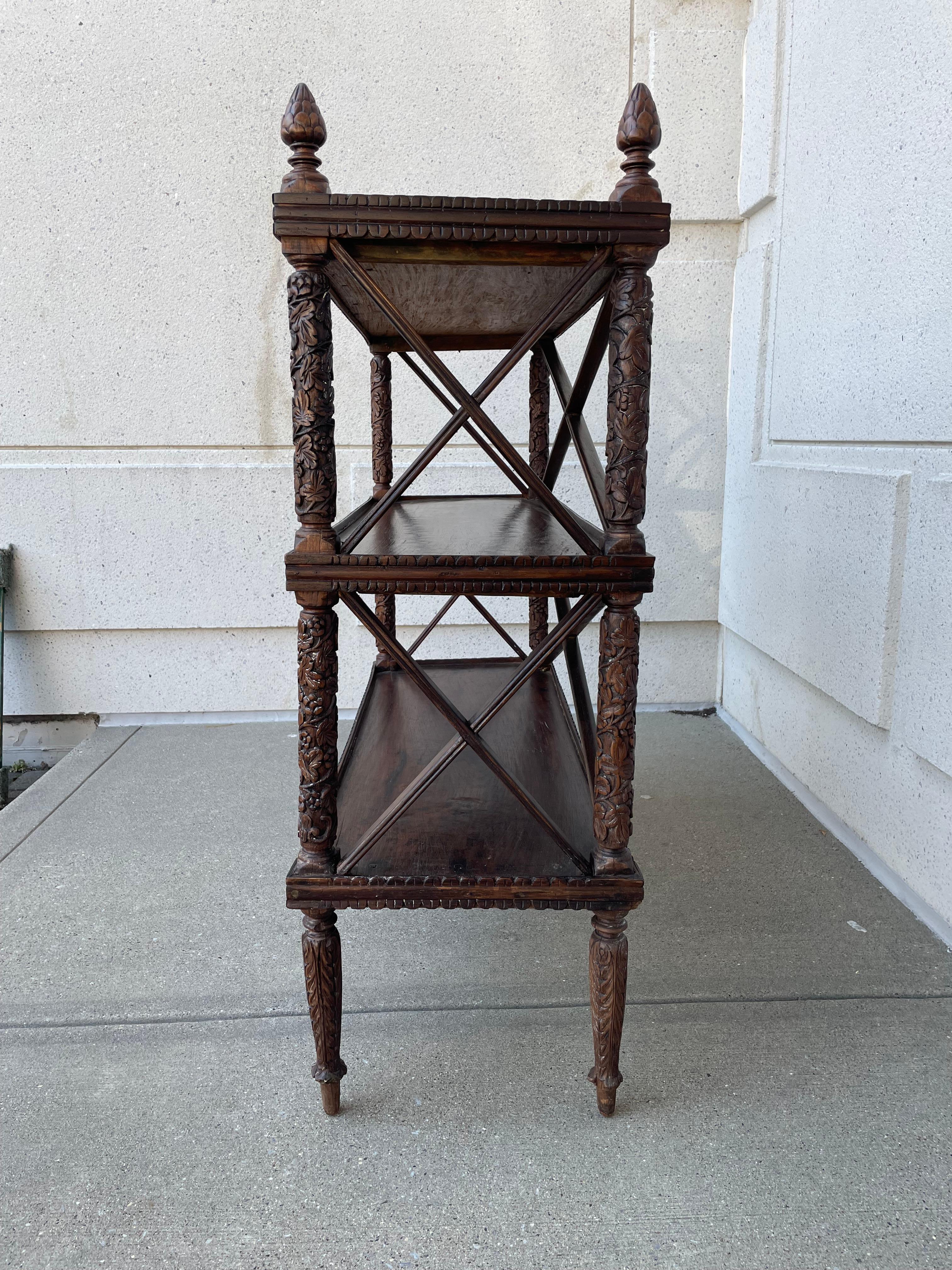 19th Century Anglo Indian Carved Hard Wood Three Tiered Shelf For Sale 3