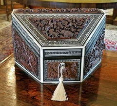 19th Century Anglo-Indian Carved Padouk and Sadeli Stationary Box