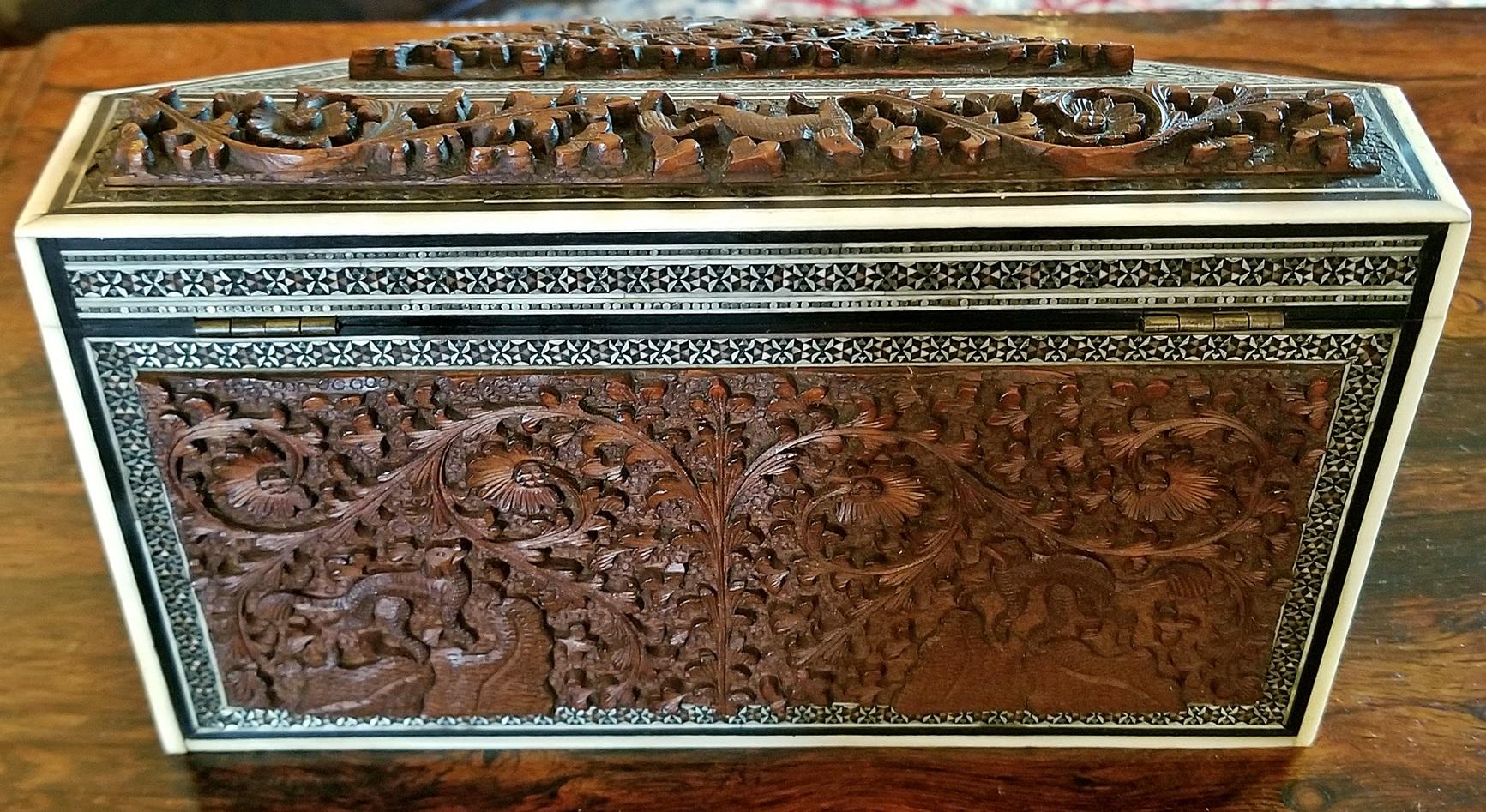 Hand-Carved 19th Century Anglo-Indian Carved Padouk and Sadeli Stationary Box