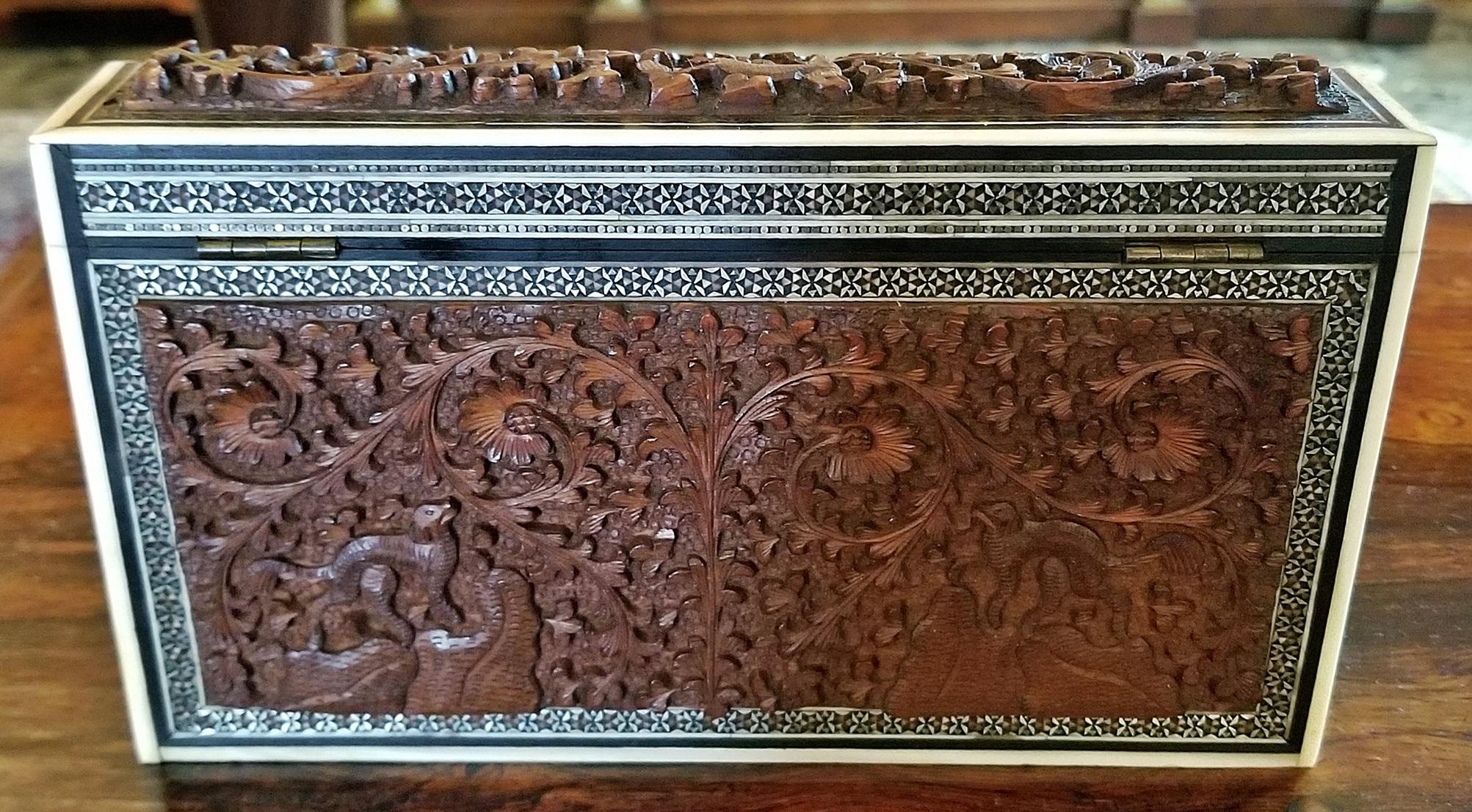 Bone 19th Century Anglo-Indian Carved Padouk and Sadeli Stationary Box
