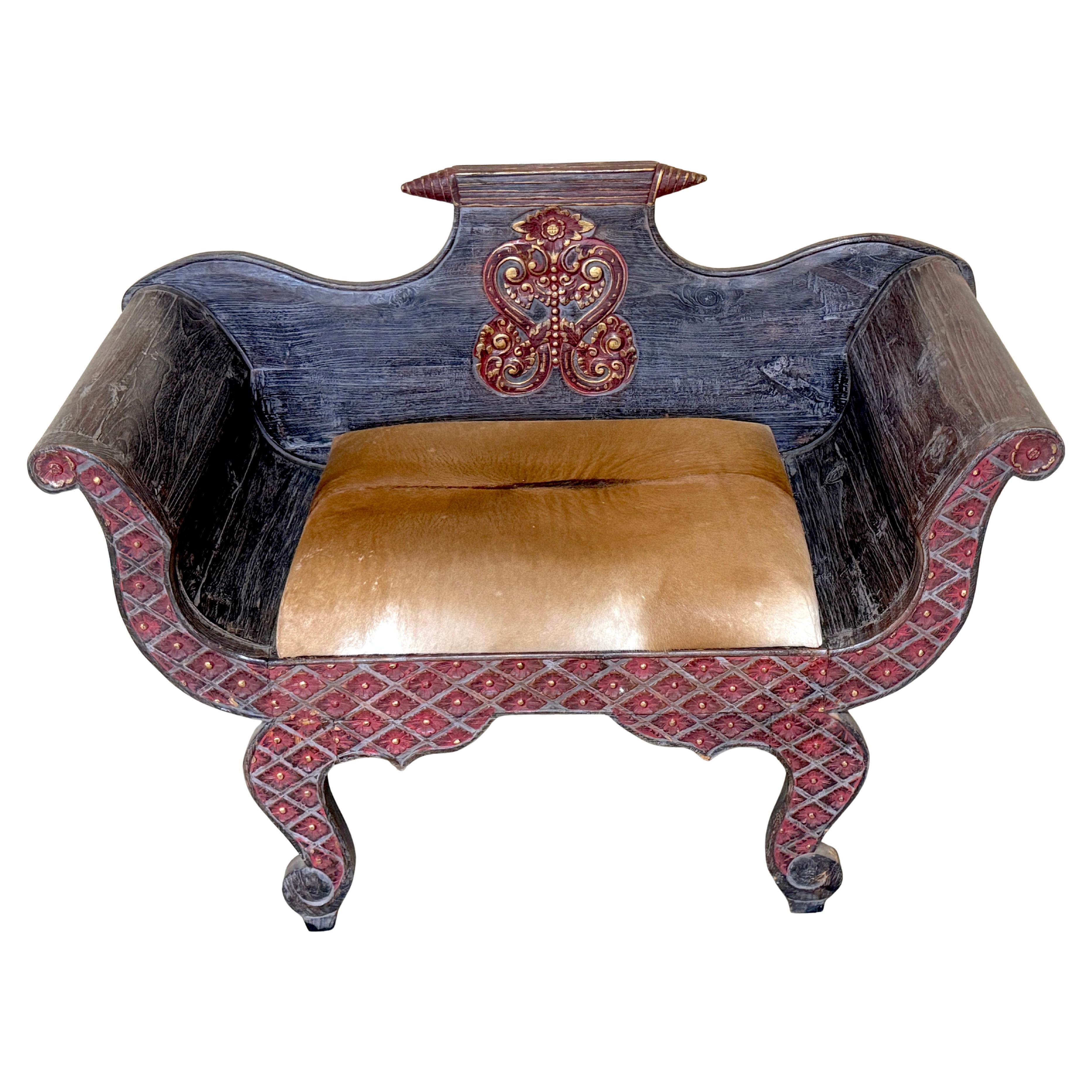 19th Century Anglo-Indian Carved & Polychromed Gondola Settee