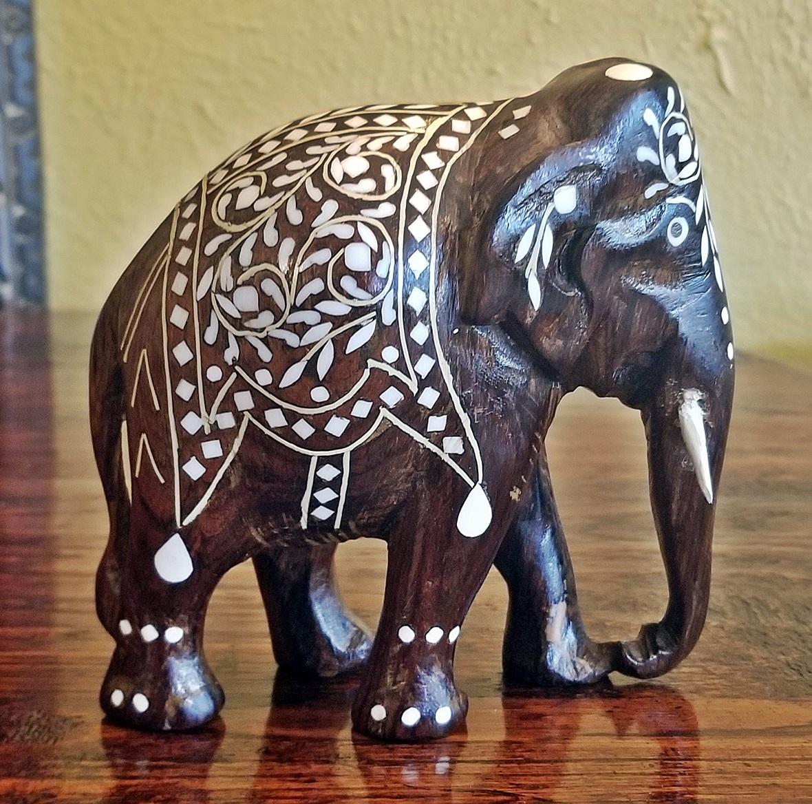 Anglo Raj 19th Century Anglo-Indian Carved Rosewood and Bone Inlaid Elephant