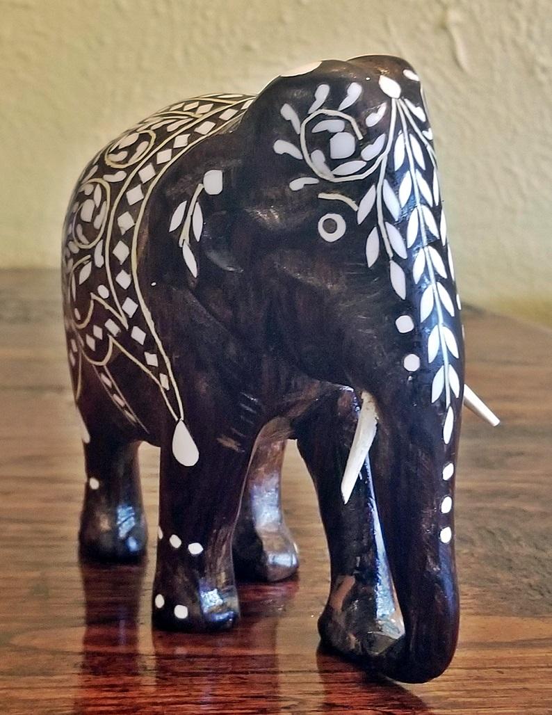 Hand-Carved 19th Century Anglo-Indian Carved Rosewood and Bone Inlaid Elephant