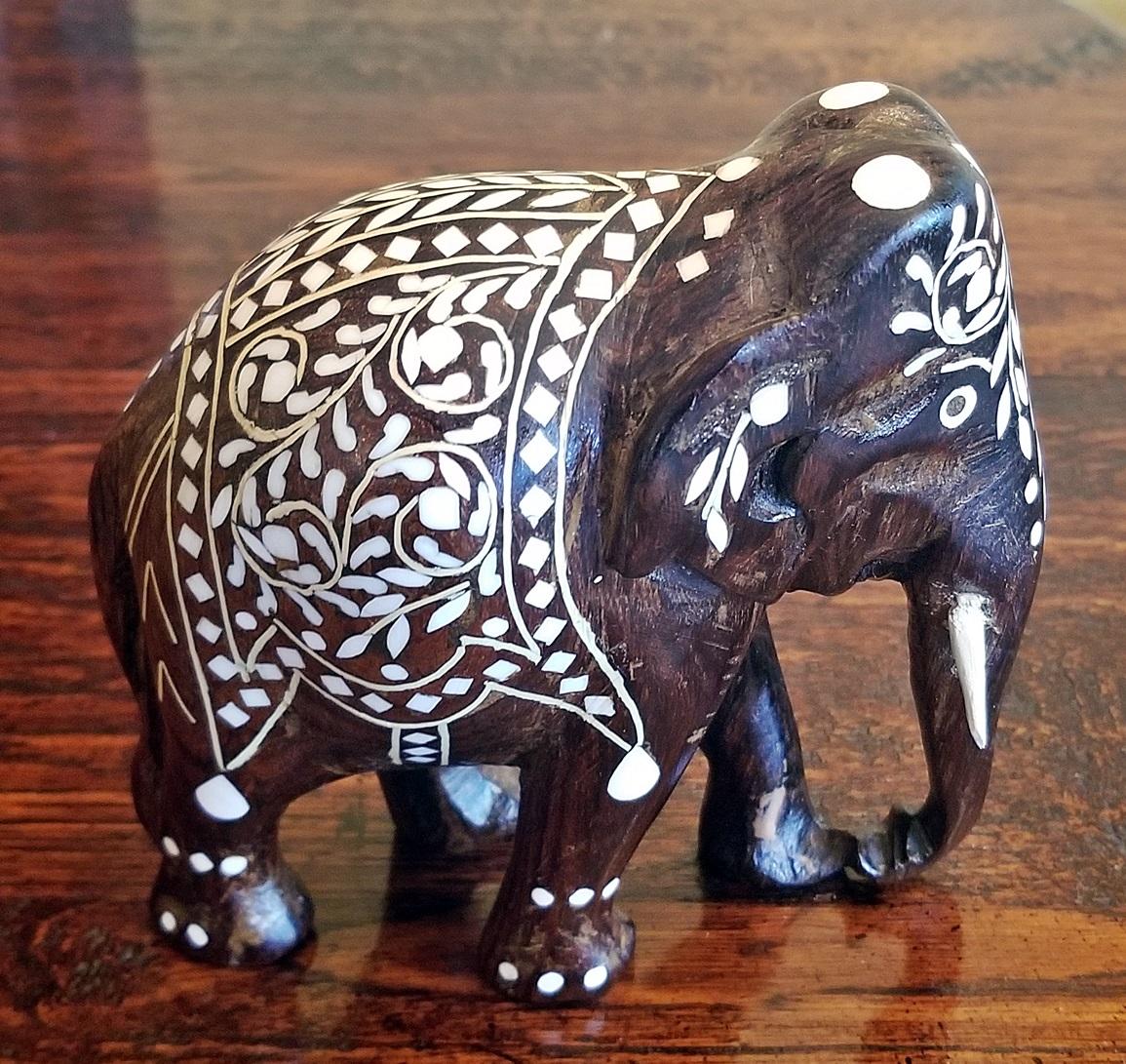 19th Century Anglo-Indian Carved Rosewood and Bone Inlaid Elephant In Good Condition In Dallas, TX