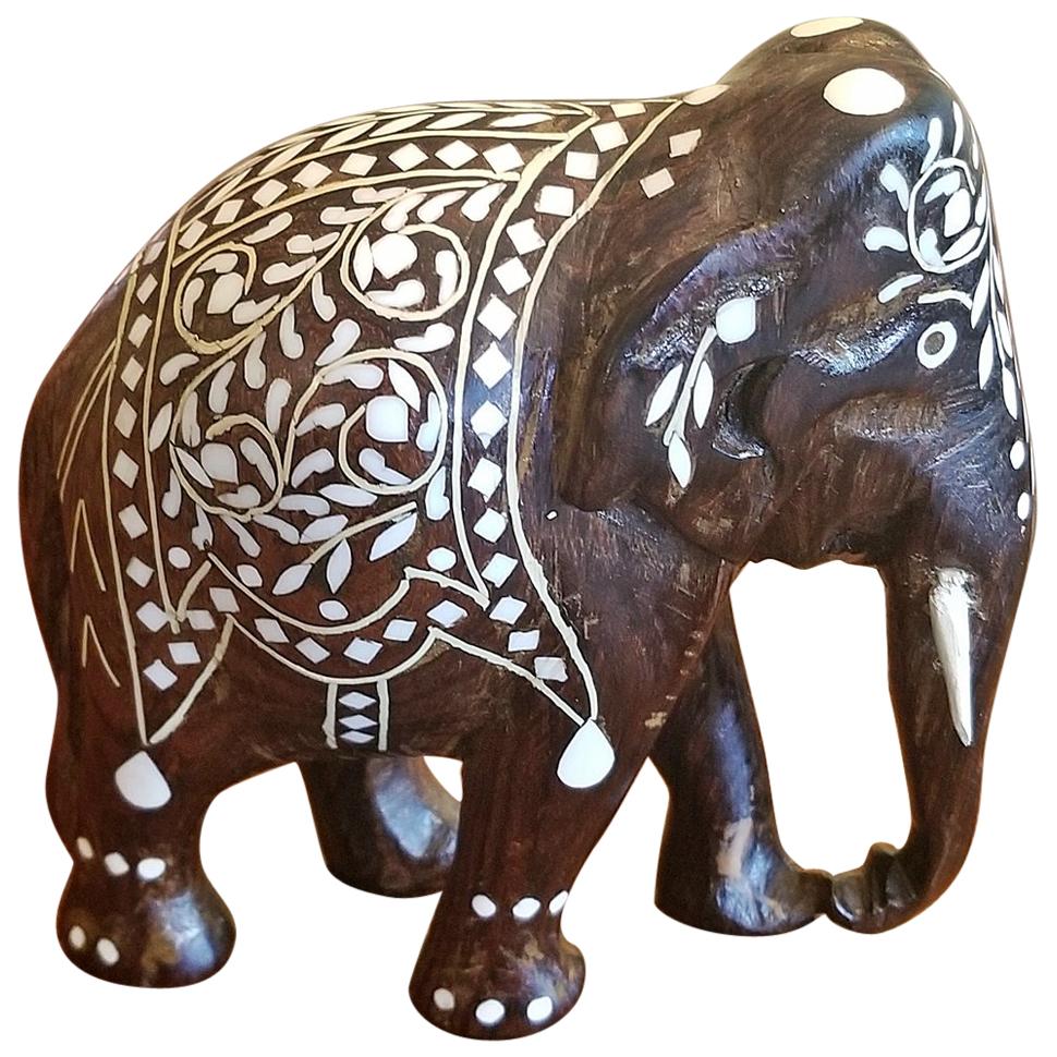 19th Century Anglo-Indian Carved Rosewood and Bone Inlaid Elephant