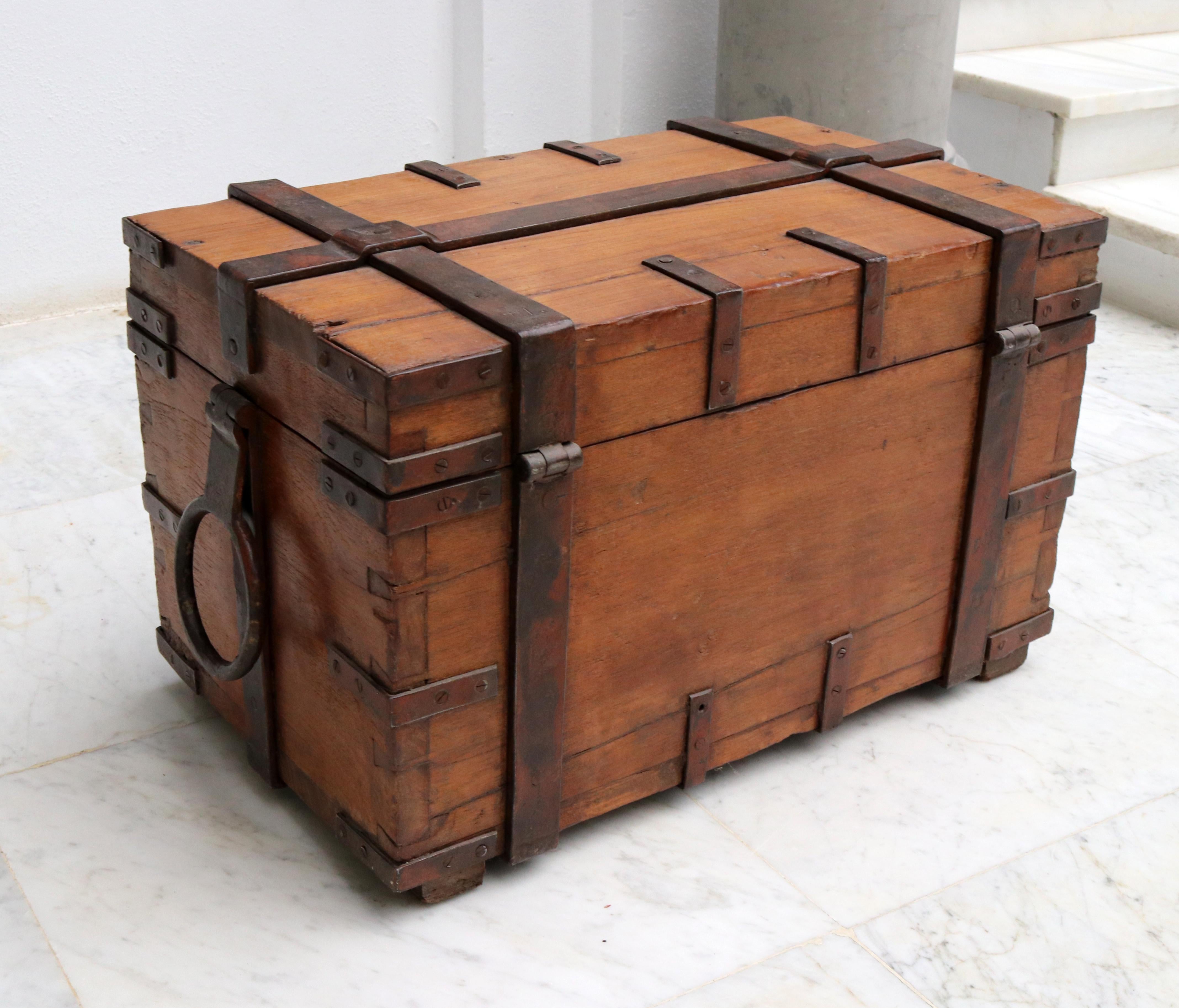 19th Century Anglo-Indian Colonial Fruit Wood Chest with Wrought Iron Fittings For Sale 8
