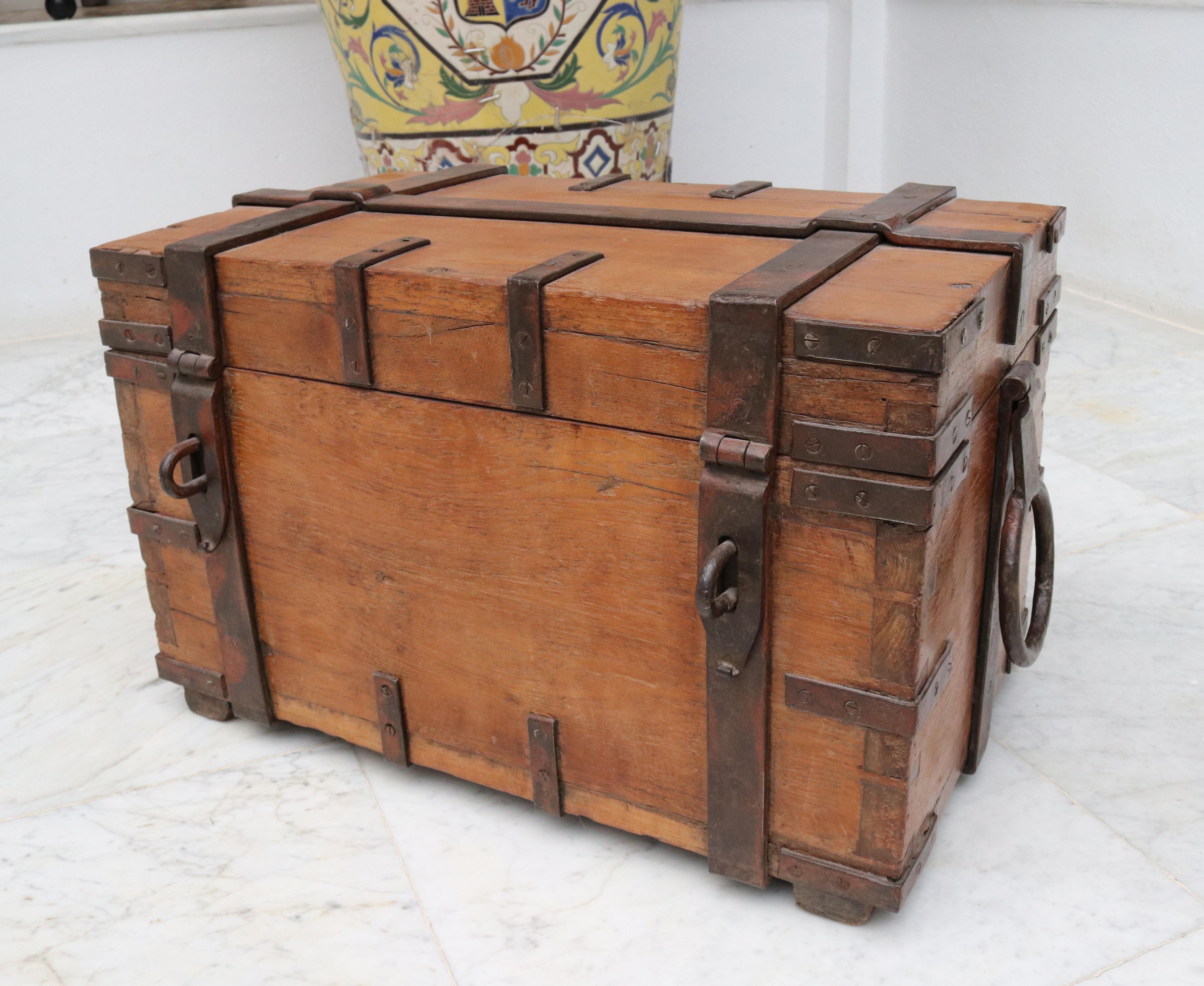 19th Century Anglo-Indian Colonial Fruit Wood Chest with Wrought Iron Fittings For Sale 1