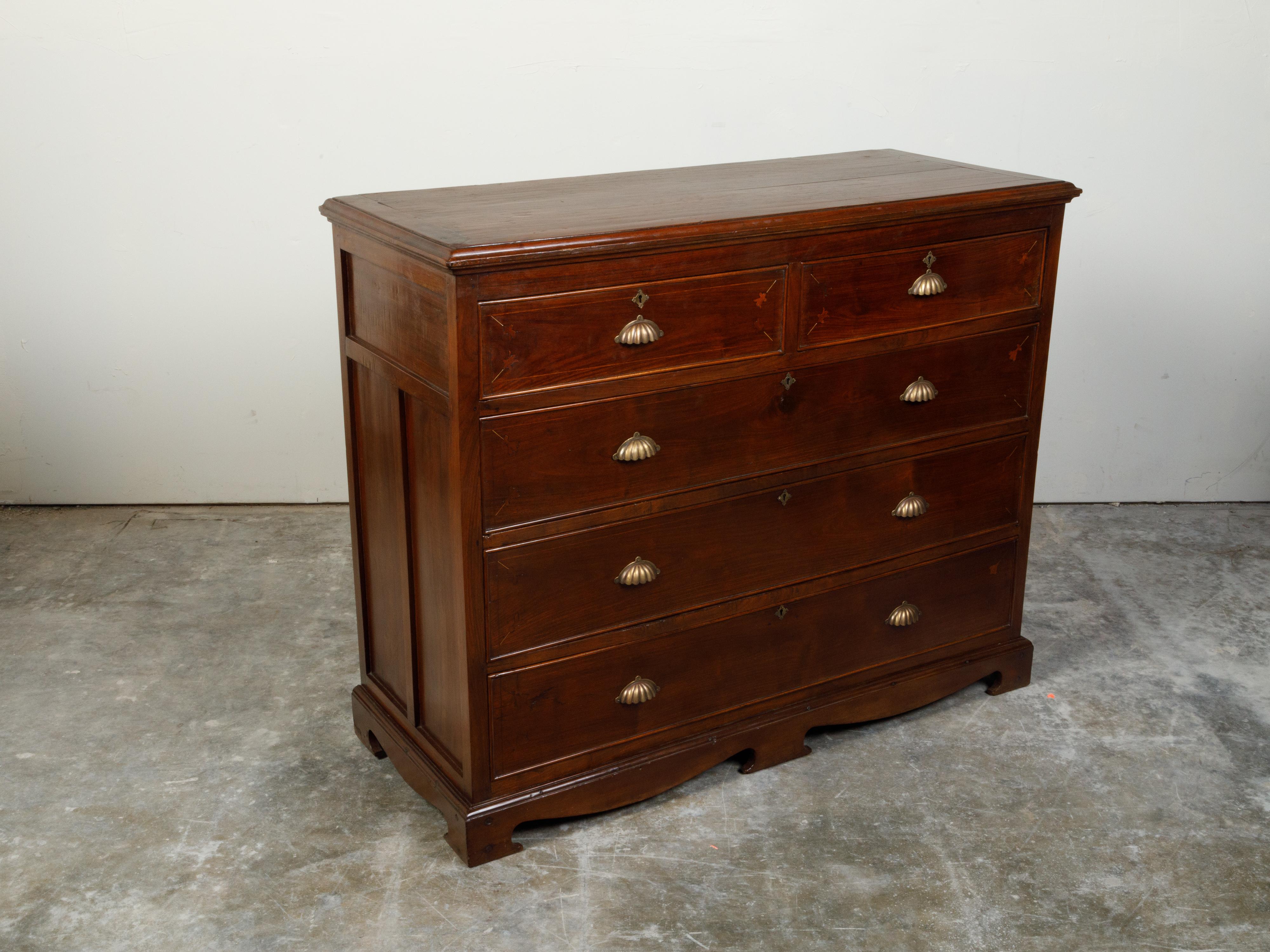 Walnut 19th Century Anglo-Indian Commode with Five Drawers and Floral Inlay For Sale