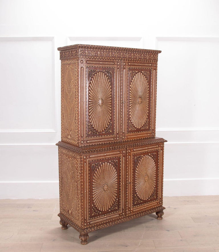 Glazed Teak Almirah Cabinet With Sunburst Panels - 19th Century Glazed Teak Almirah Cabinet With Sunburst Panels - 19th Century