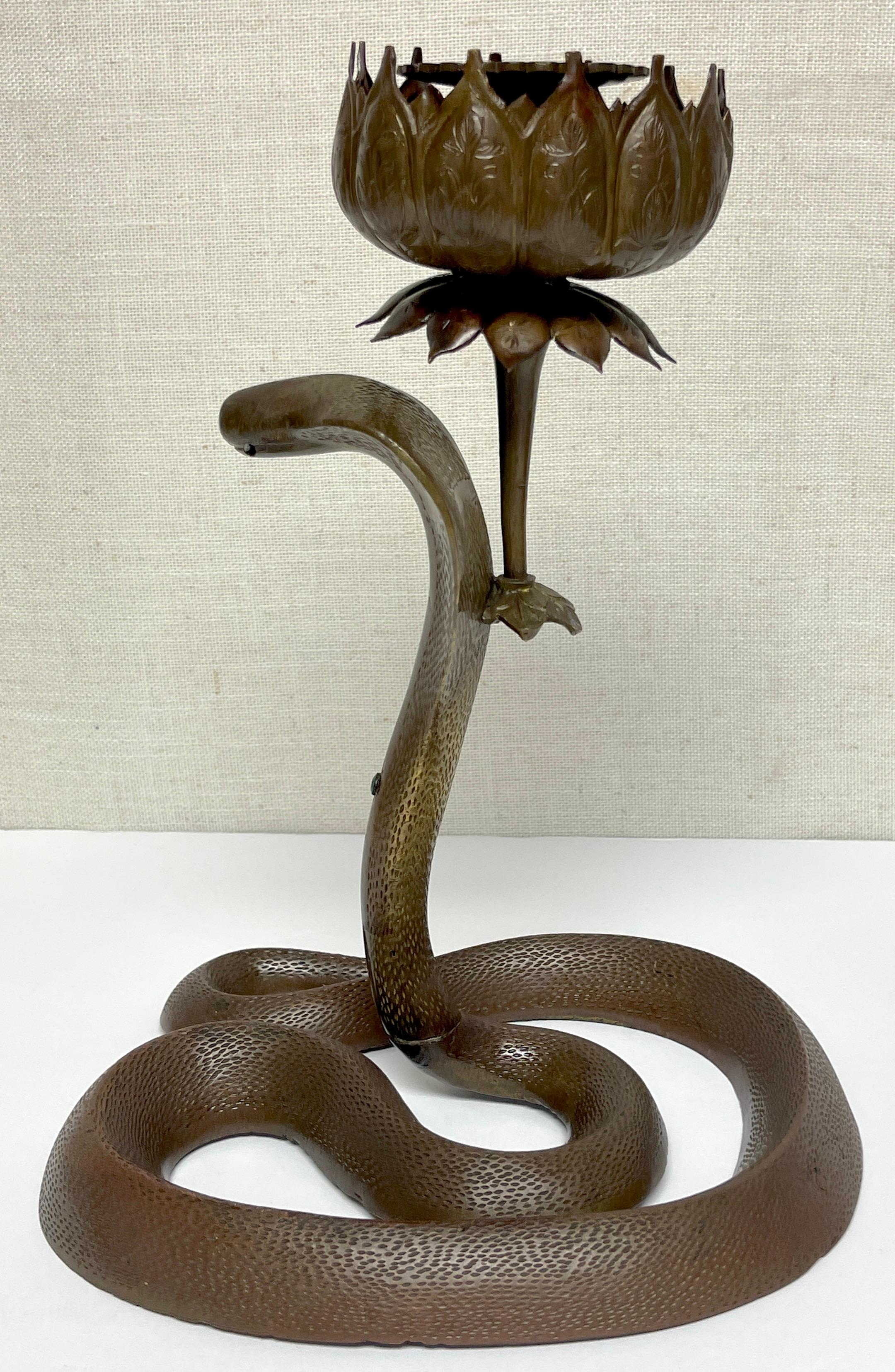 19th Century Anglo, Indian Engraved & Jeweled Bronze Cobra Candlestick For Sale 7