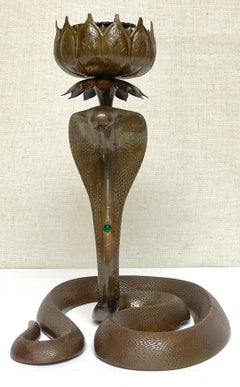 19th Century Anglo, Indian Engraved & Jeweled Bronze Cobra Candlestick