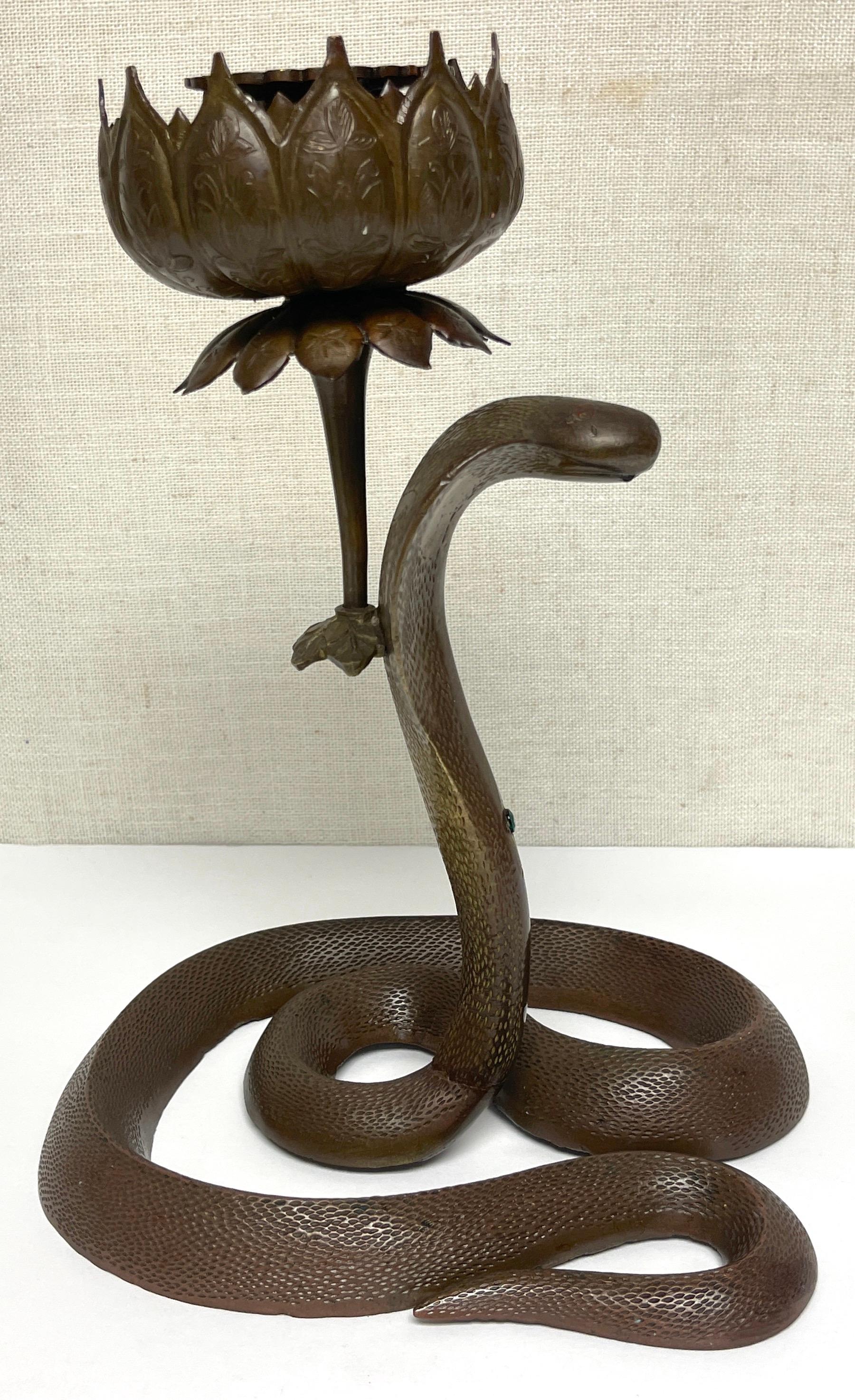 19th Century Anglo, Indian Engraved & Jeweled Bronze Cobra Candlestick For Sale 2