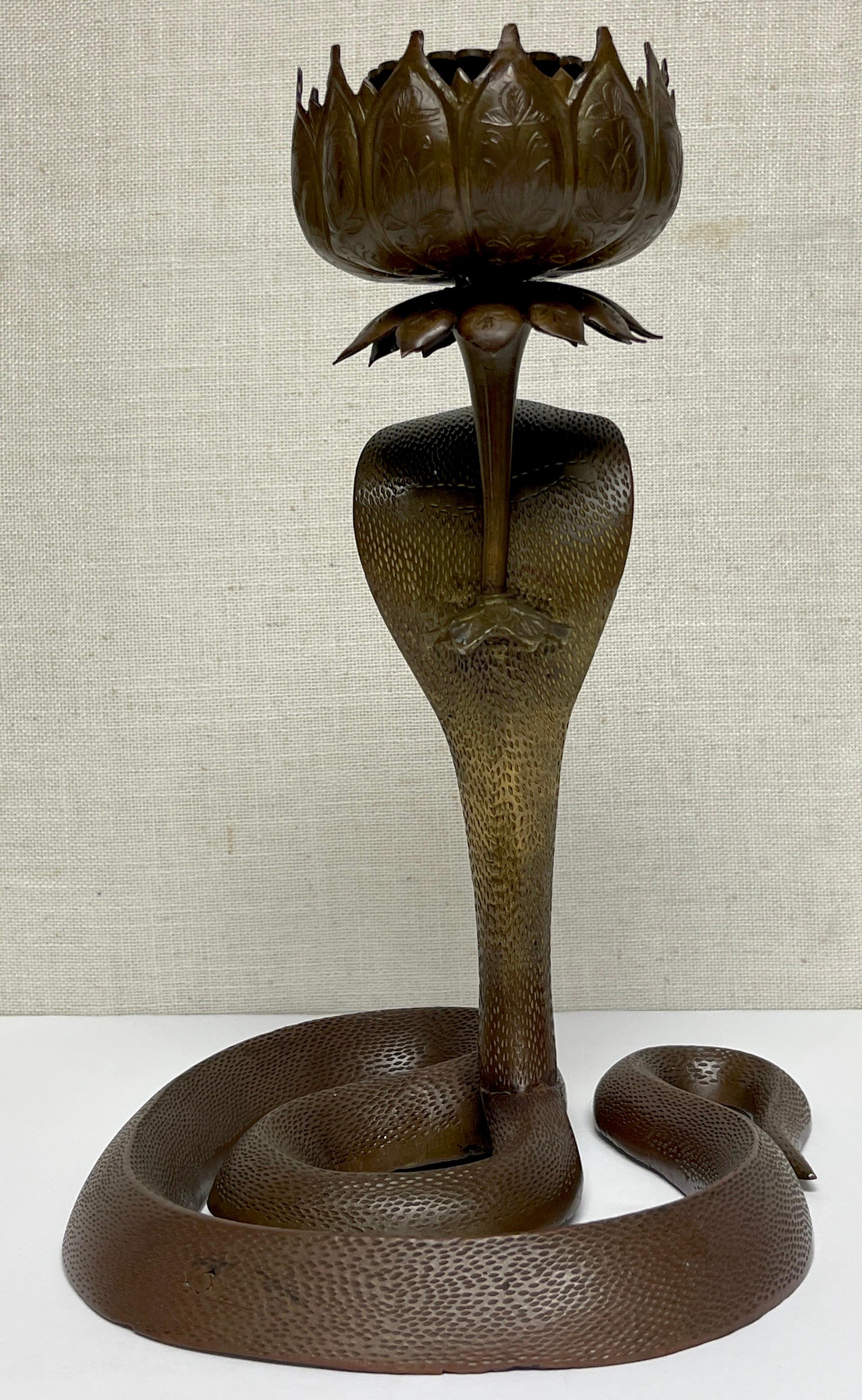19th Century Anglo, Indian Engraved & Jeweled Bronze Cobra Candlestick For Sale 4