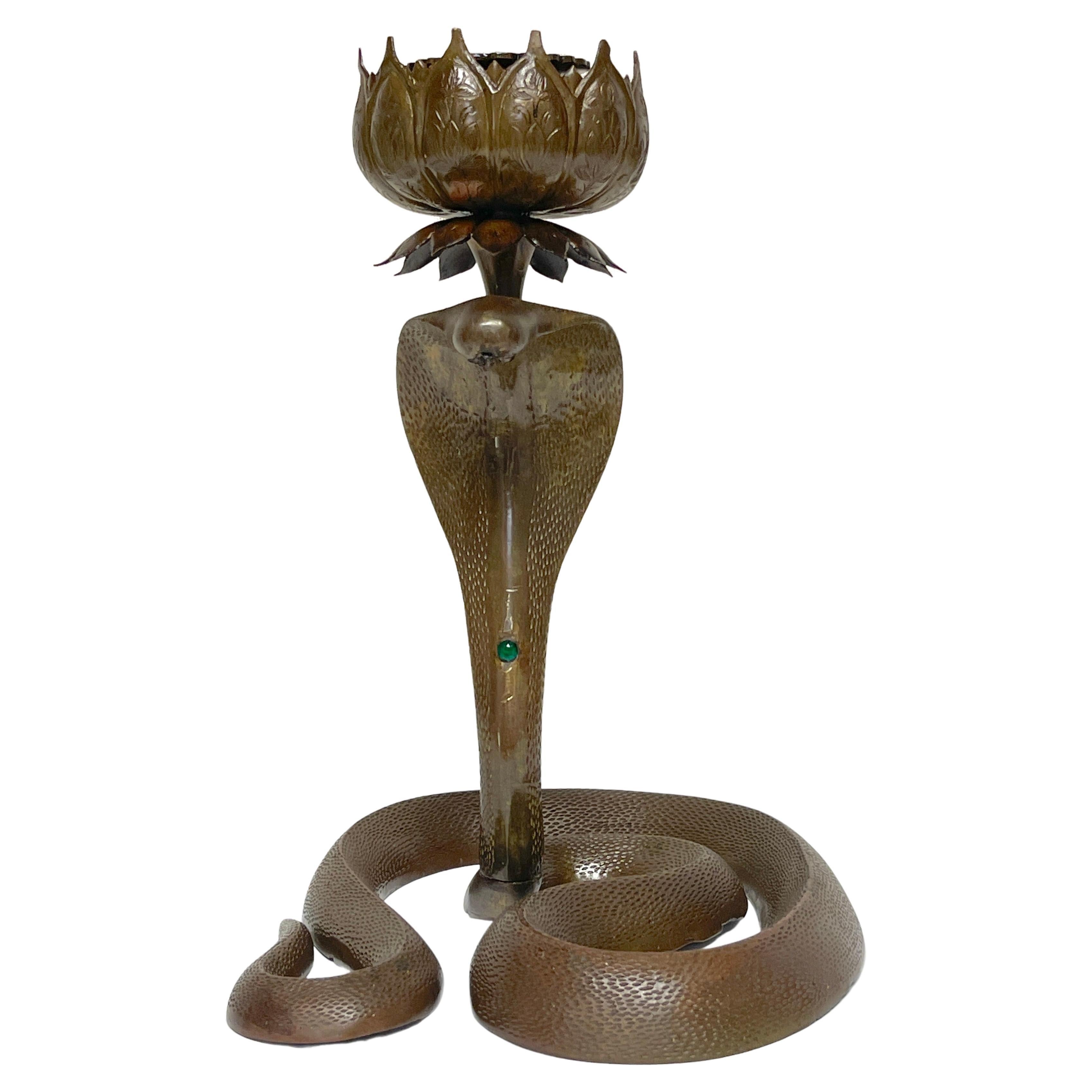 19th Century Anglo, Indian Engraved & Jeweled Bronze Cobra Candlestick For Sale