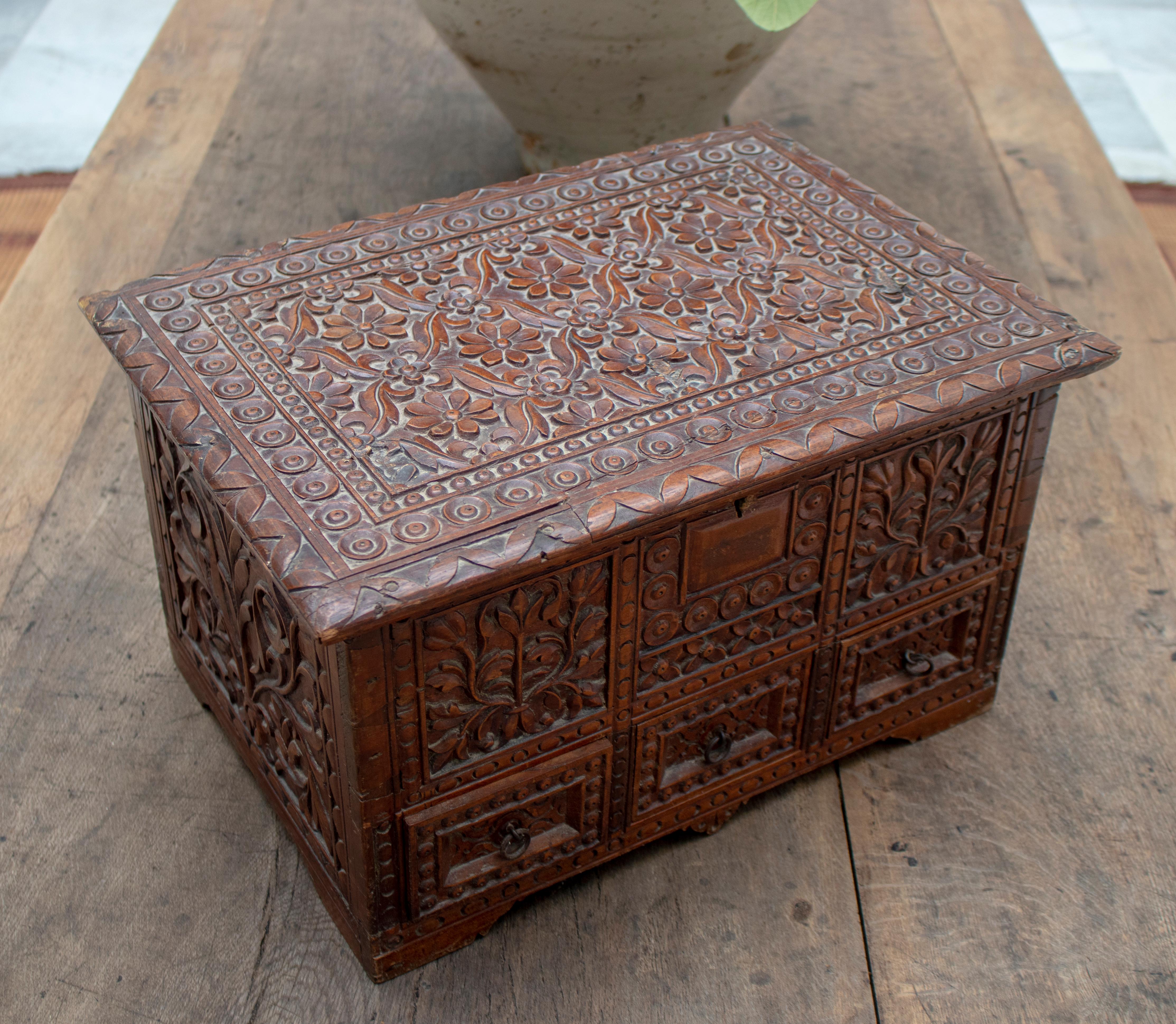 19th century Anglo-Indian hand carved tropical wood box.