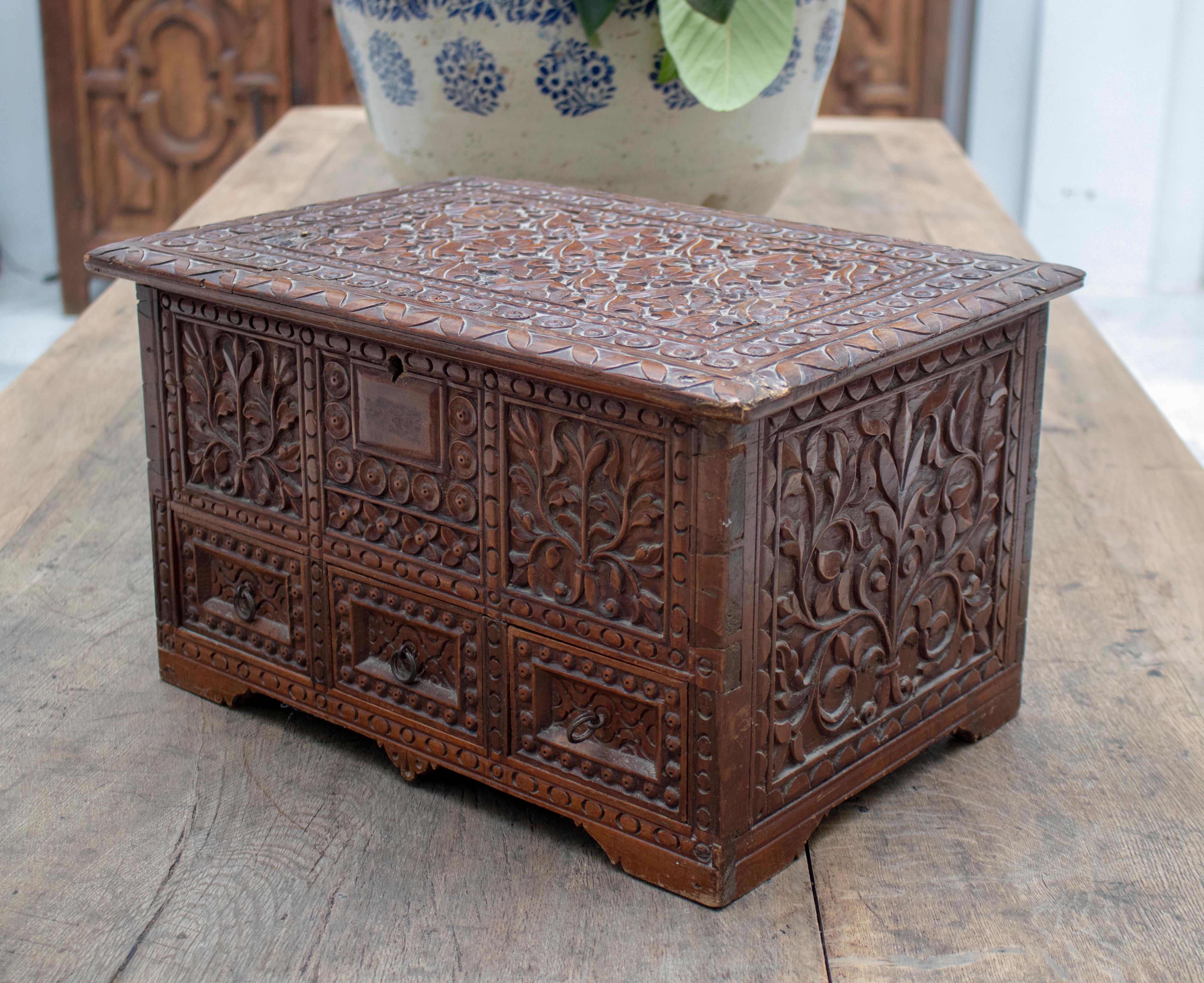 19th Century Anglo-Indian Hand Carved Tropical Wood Box In Good Condition For Sale In Marbella, ES