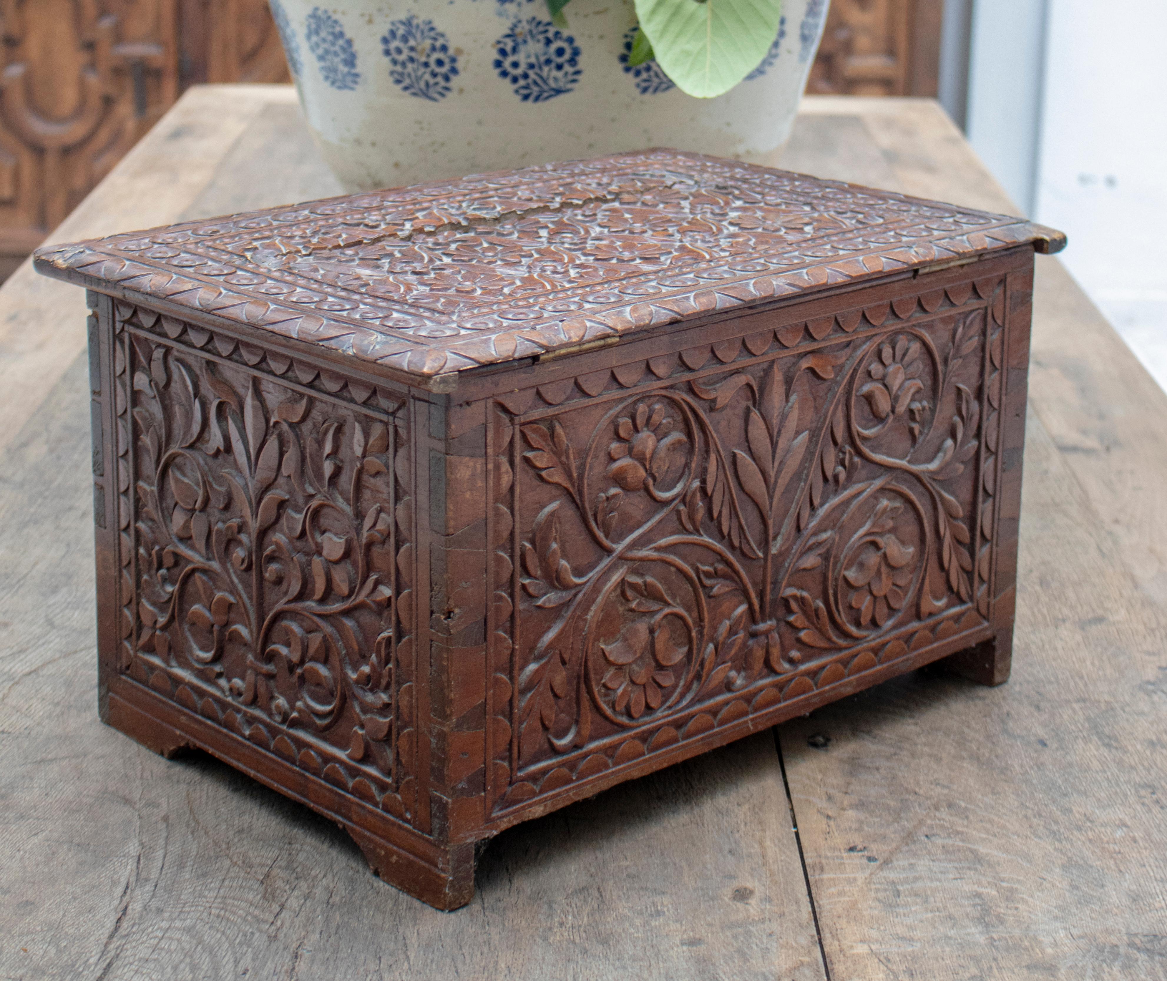 Fruitwood 19th Century Anglo-Indian Hand Carved Tropical Wood Box For Sale