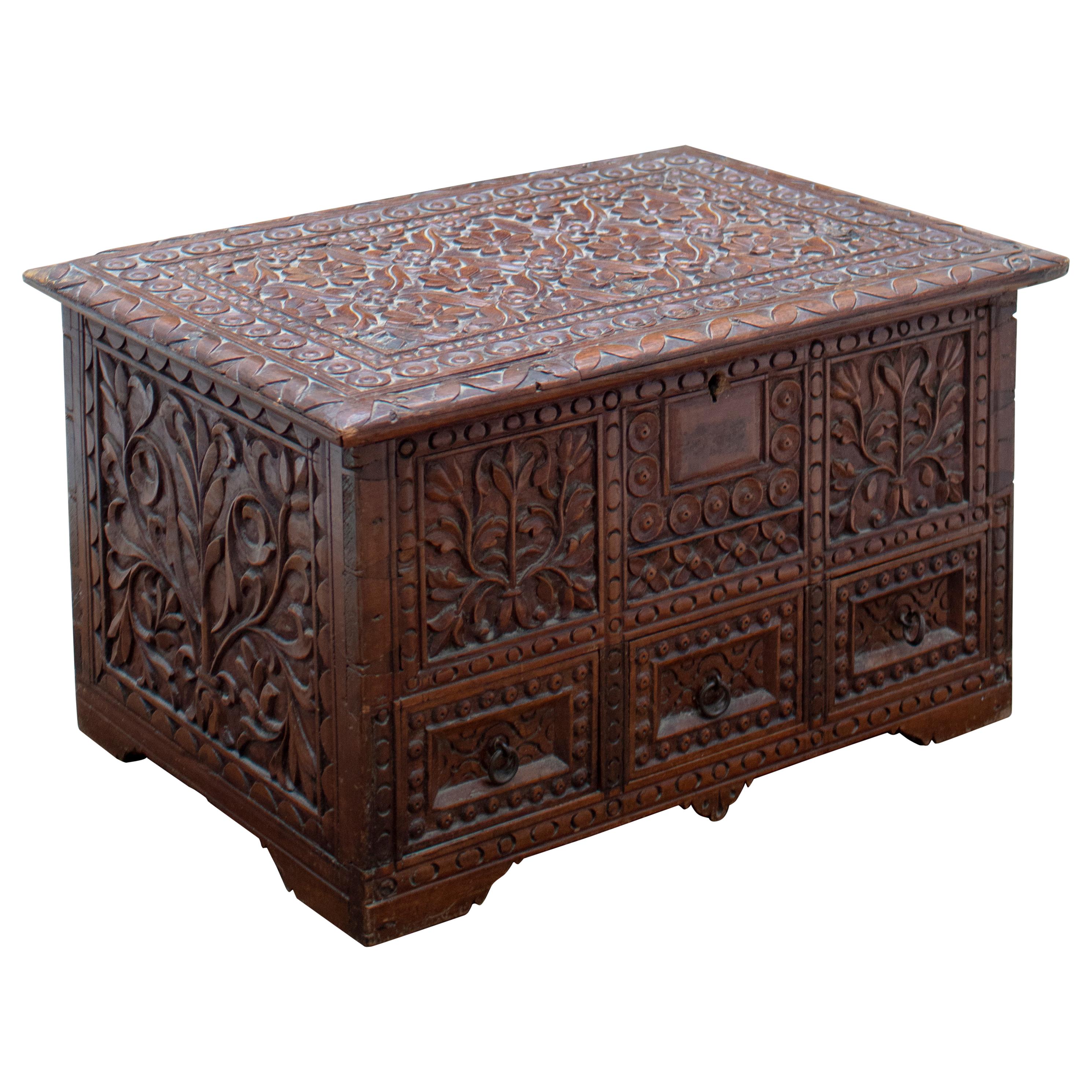 19th Century Anglo-Indian Hand Carved Tropical Wood Box