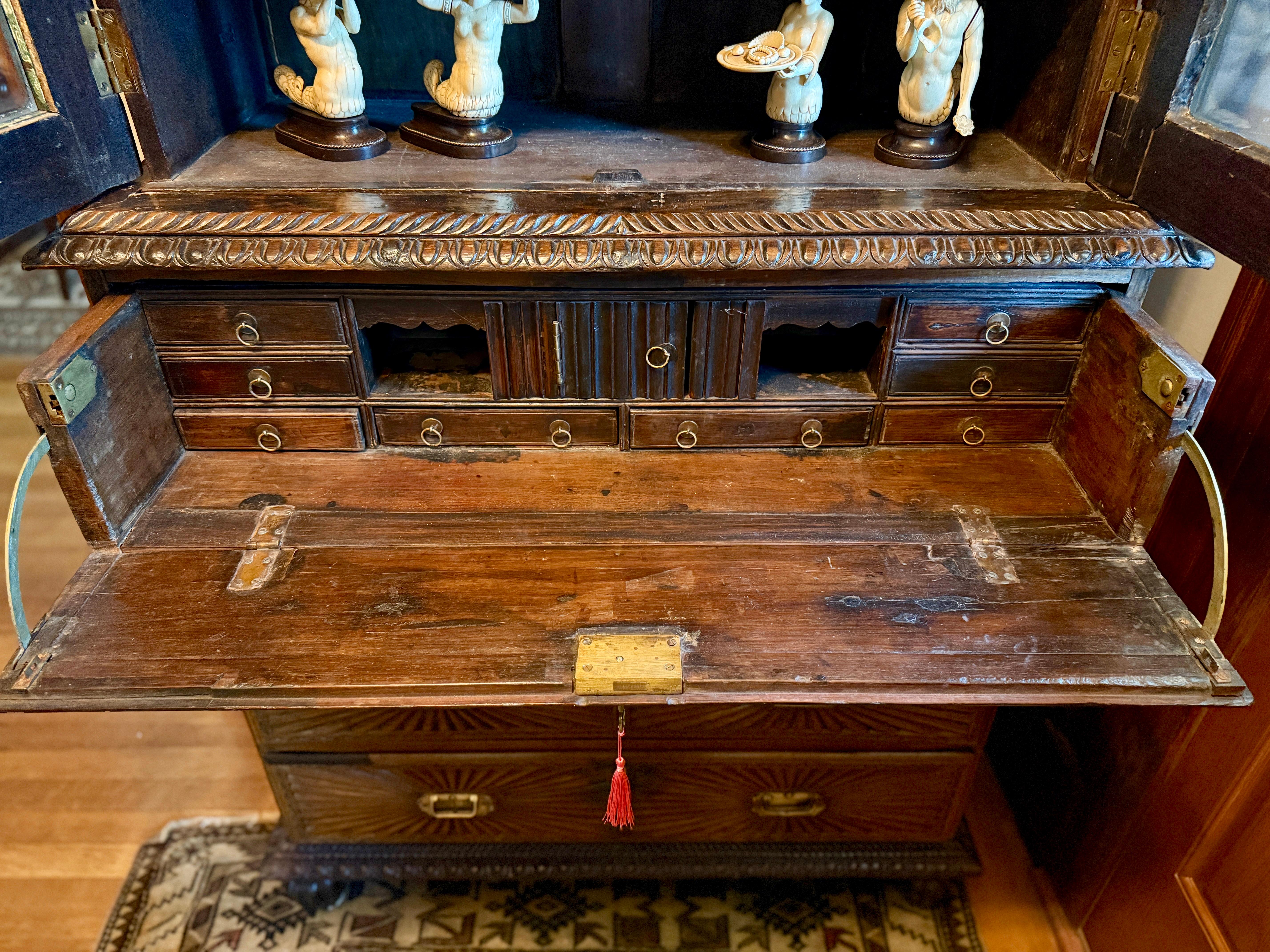 19th Century, Anglo Indian Heavily Carved Rosewood Campaign Secretary Bookcase In Good Condition For Sale In Atlanta, GA