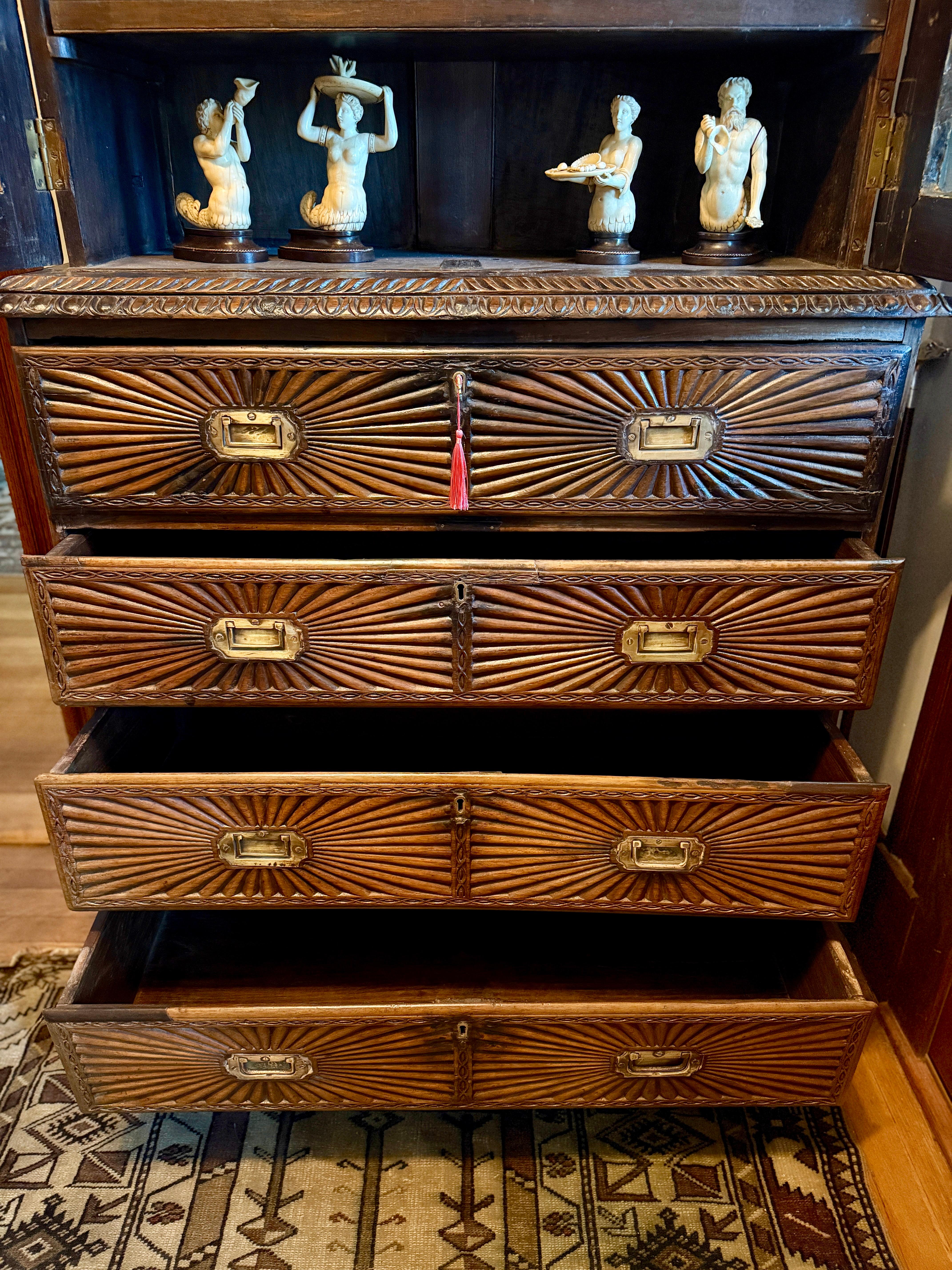 Brass 19th Century, Anglo Indian Heavily Carved Rosewood Campaign Secretary Bookcase For Sale