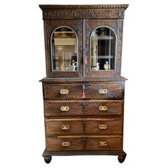 19th Century, Anglo Indian Heavily Carved Rosewood Campaign Secretary Bookcase