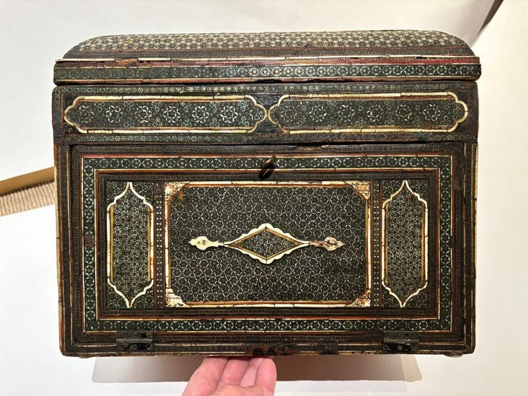 19th Century Anglo Indian Inlaid Mosaic Box With Drop Front and Drawers 19th Century Anglo Indian Inlaid Mosaic Box With Drop Front and Drawers