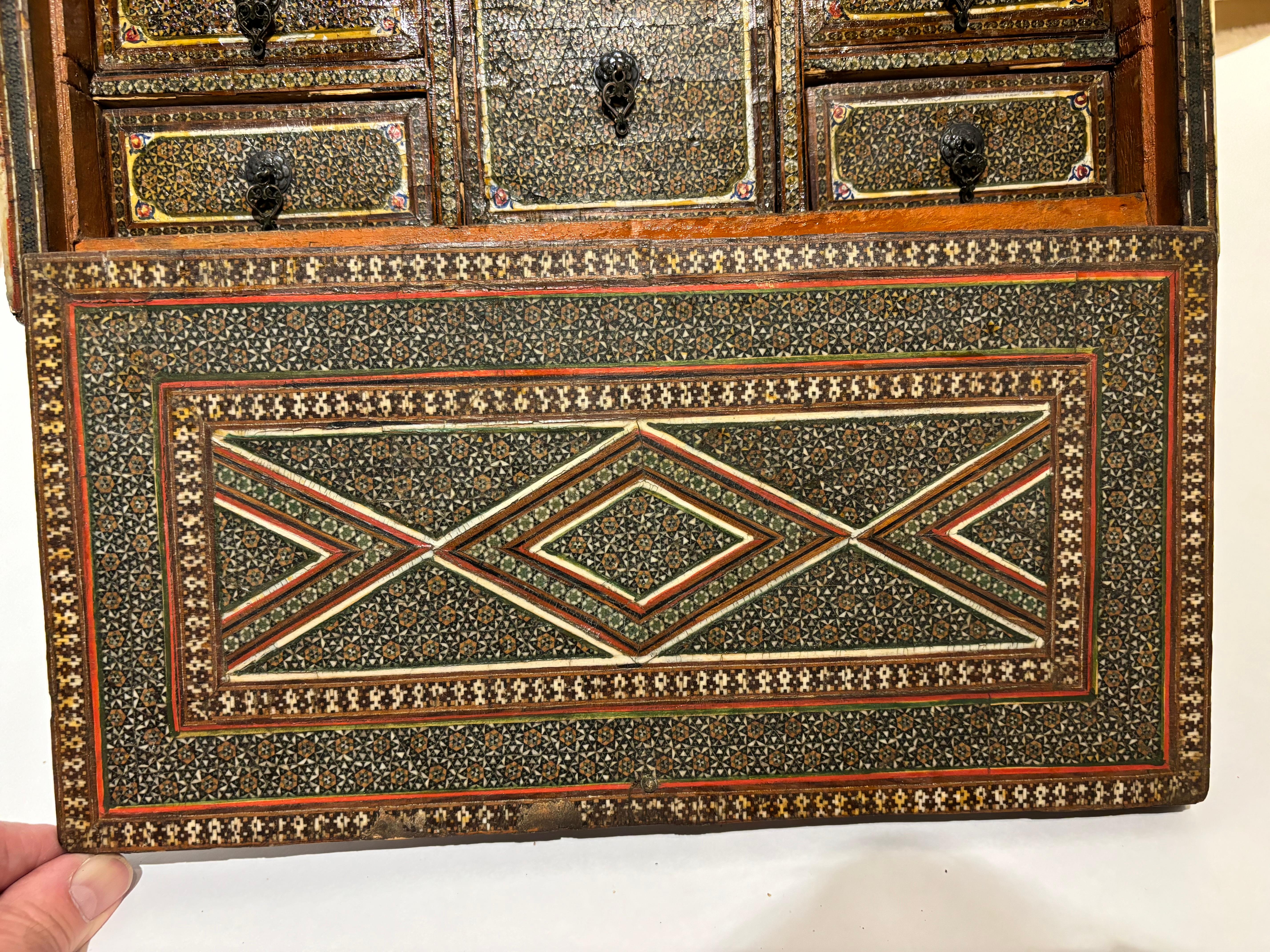 19th Century Anglo Indian Inlaid Mosaic Box With Drop Front and Drawers For Sale 14