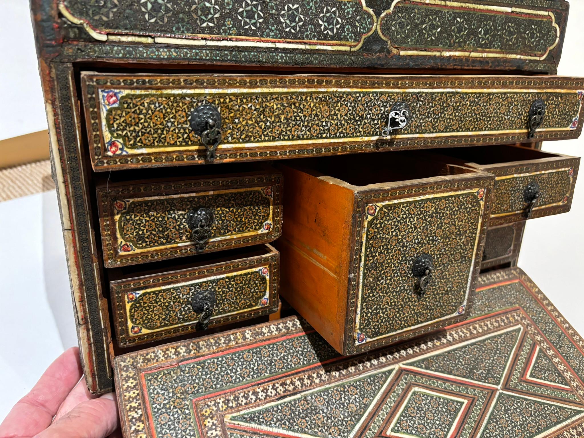 19th Century Anglo Indian Inlaid Mosaic Box With Drop Front and Drawers In Fair Condition For Sale In Stamford, CT
