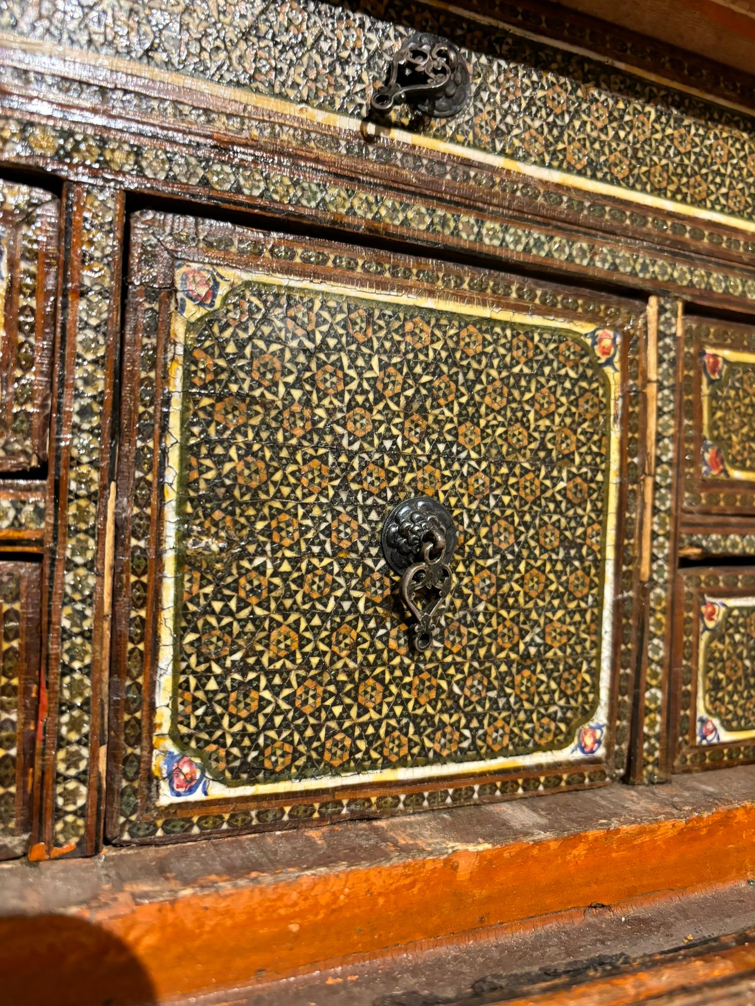 Bone 19th Century Anglo Indian Inlaid Mosaic Box With Drop Front and Drawers For Sale