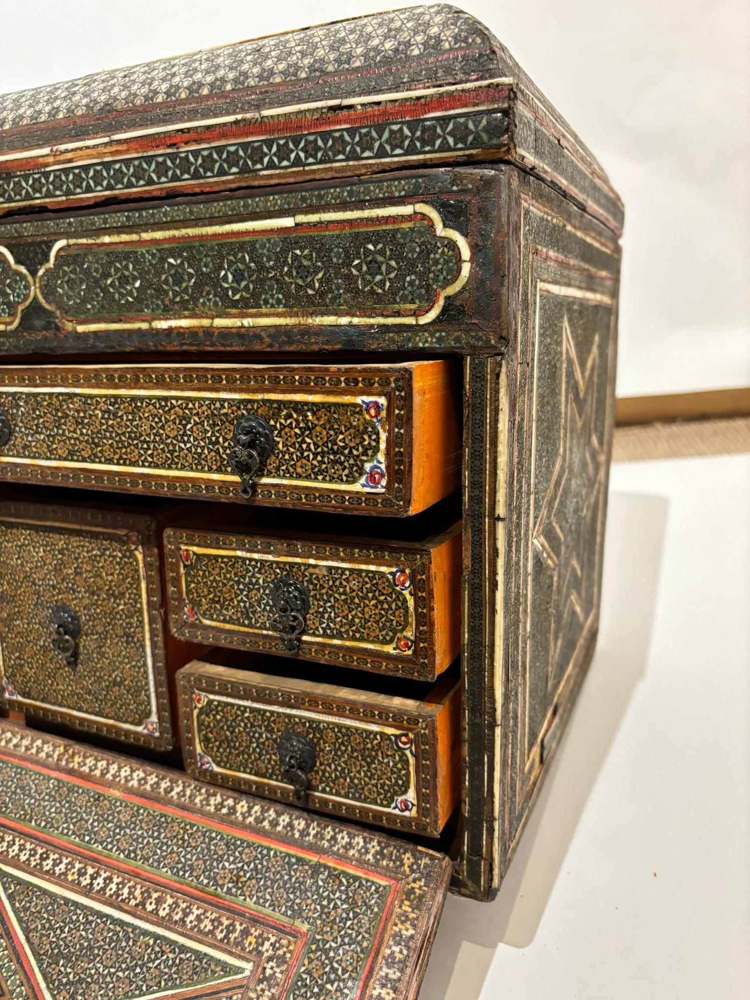 19th Century Anglo Indian Inlaid Mosaic Box With Drop Front and Drawers For Sale 3