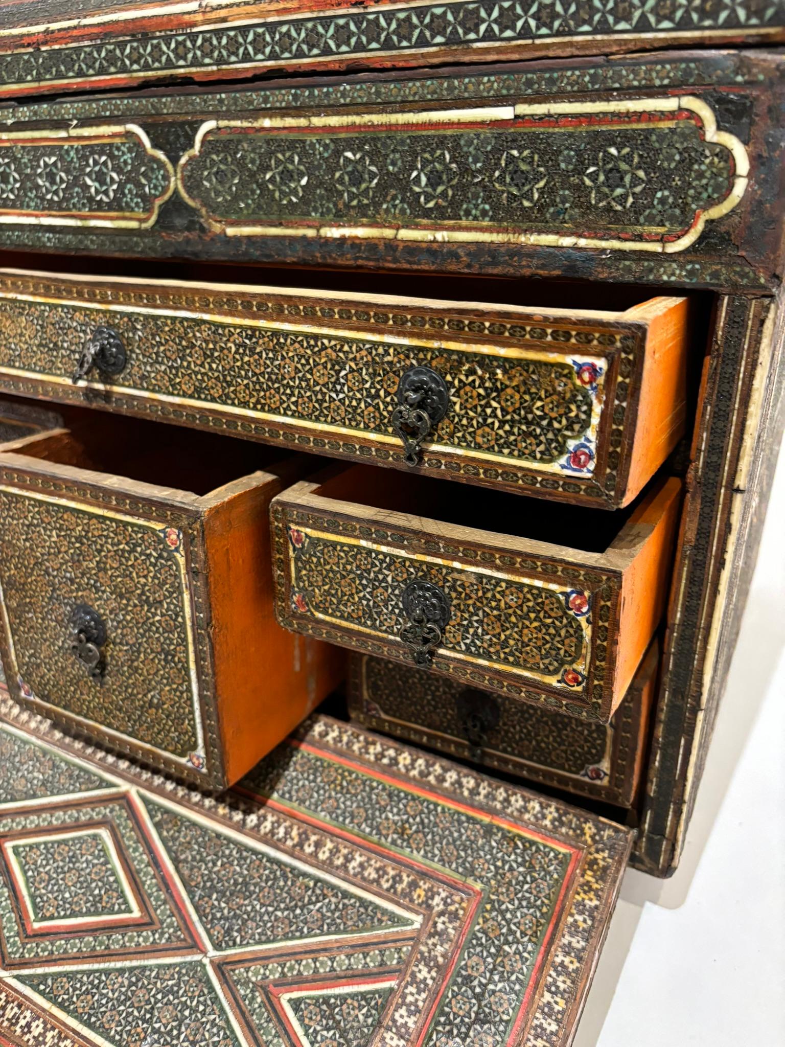 19th Century Anglo Indian Inlaid Mosaic Box With Drop Front and Drawers For Sale 4