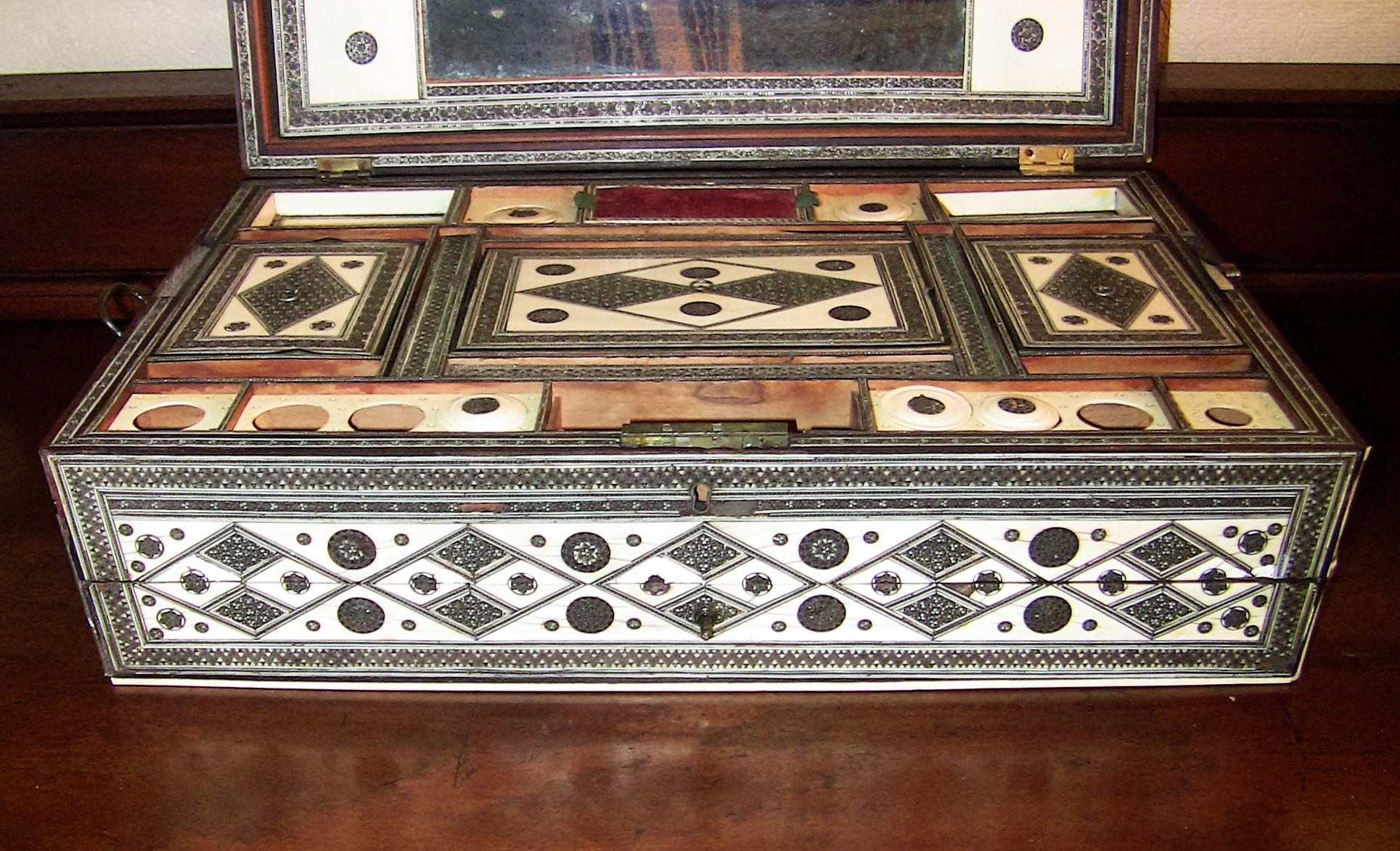 Hand-Crafted 19th Century Anglo-Indian Large Sadeli Sewing Box with Hidden Writing Slope