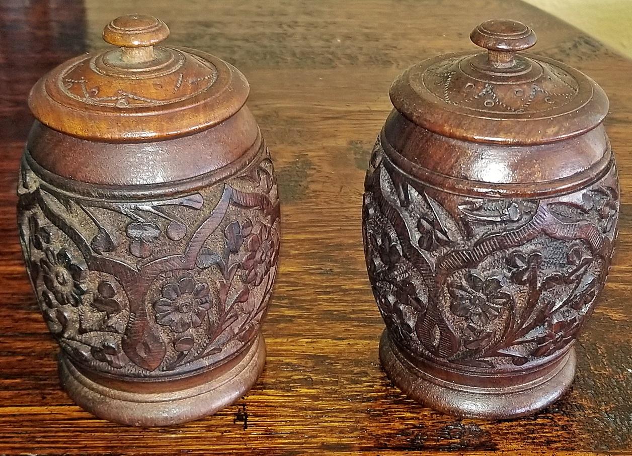 Rosewood 19th Century Anglo-Indian Pair of Carved Wooden Spice Urns