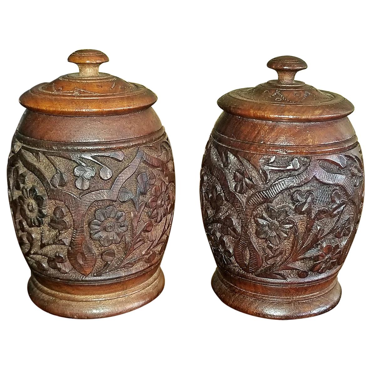 19th Century Anglo-Indian Pair of Carved Wooden Spice Urns