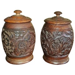 19th Century Anglo-Indian Pair of Carved Wooden Spice Urns