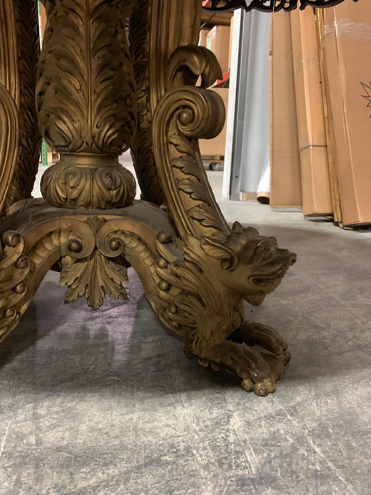 19th Century Anglo-Indian Parcel Gilt & Carved Tilt-Top Table, Lion Form Feet 6
