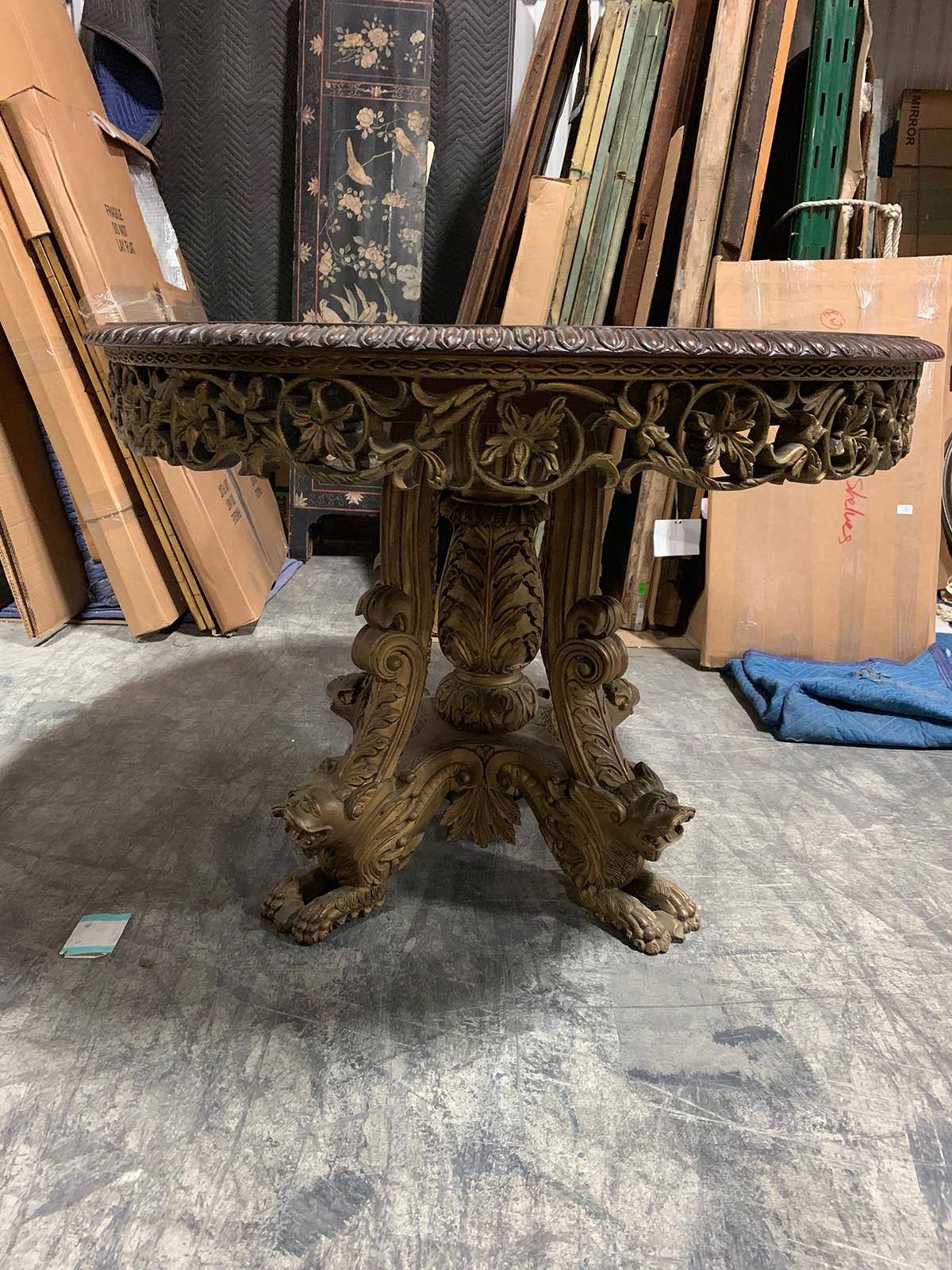 19th Century Anglo-Indian Parcel Gilt & Carved Tilt-Top Table, Lion Form Feet 8