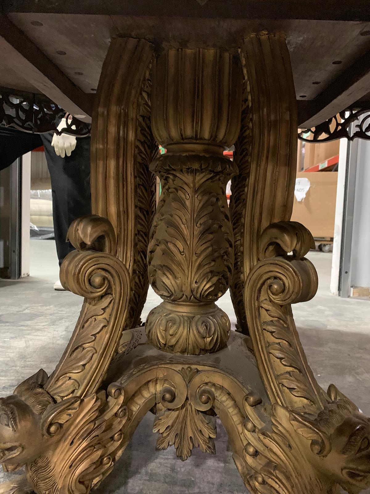 Hand-Carved 19th Century Anglo-Indian Parcel Gilt & Carved Tilt-Top Table, Lion Form Feet