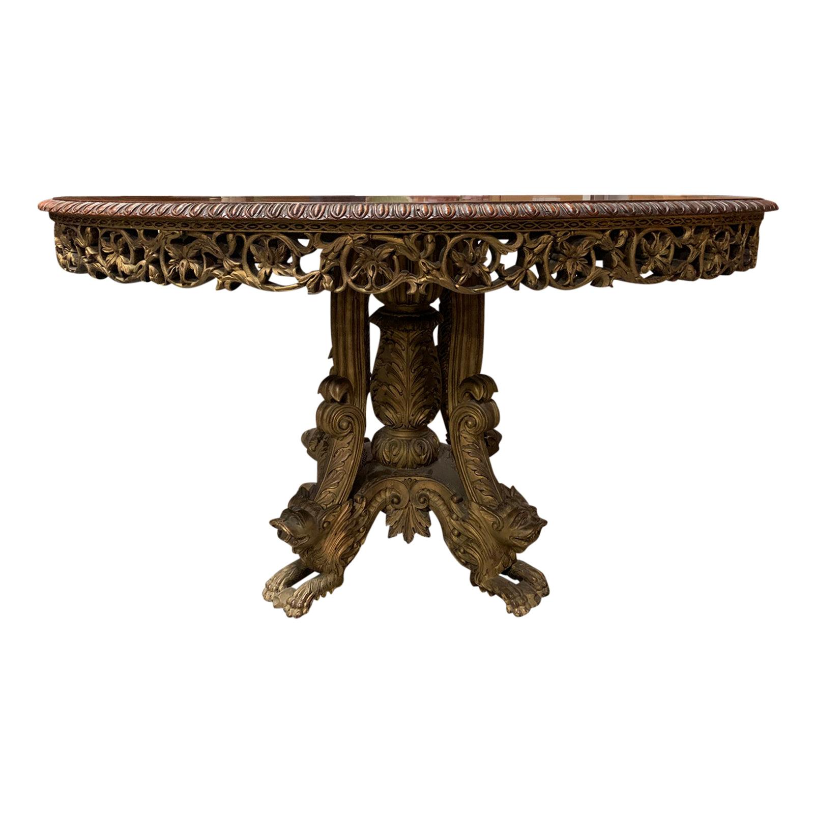 19th Century Anglo-Indian Parcel Gilt & Carved Tilt-Top Table, Lion Form Feet
