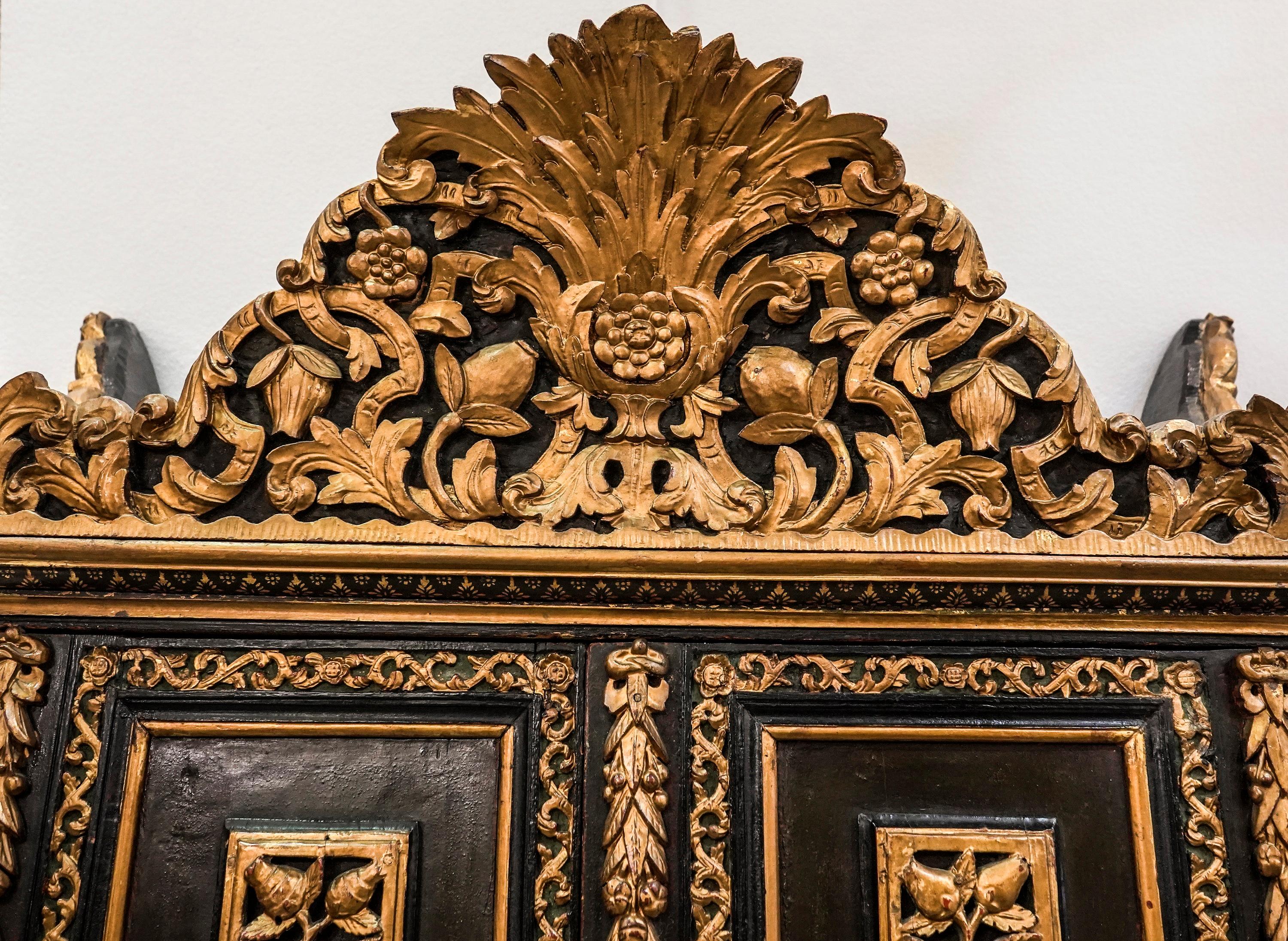 Late 19th Century 19th Century Anglo-Indian Period Raj Black Floral Carved Golded Wood Cabinet